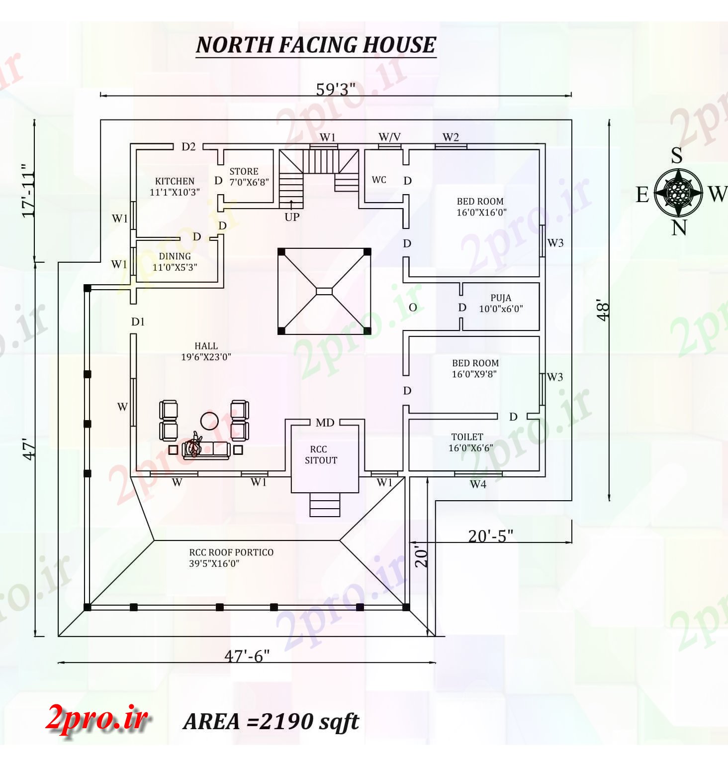 دانلود نقشه مسکونی ، ویلایی ، آپارتمان X65 'شگفت انگیز شمالی طرحی خانه 2bhk به عنوان در هر Vastu Shastra هستند اتوکد و جزئیات پی دی اف 17 در 18 متر (کد157881)