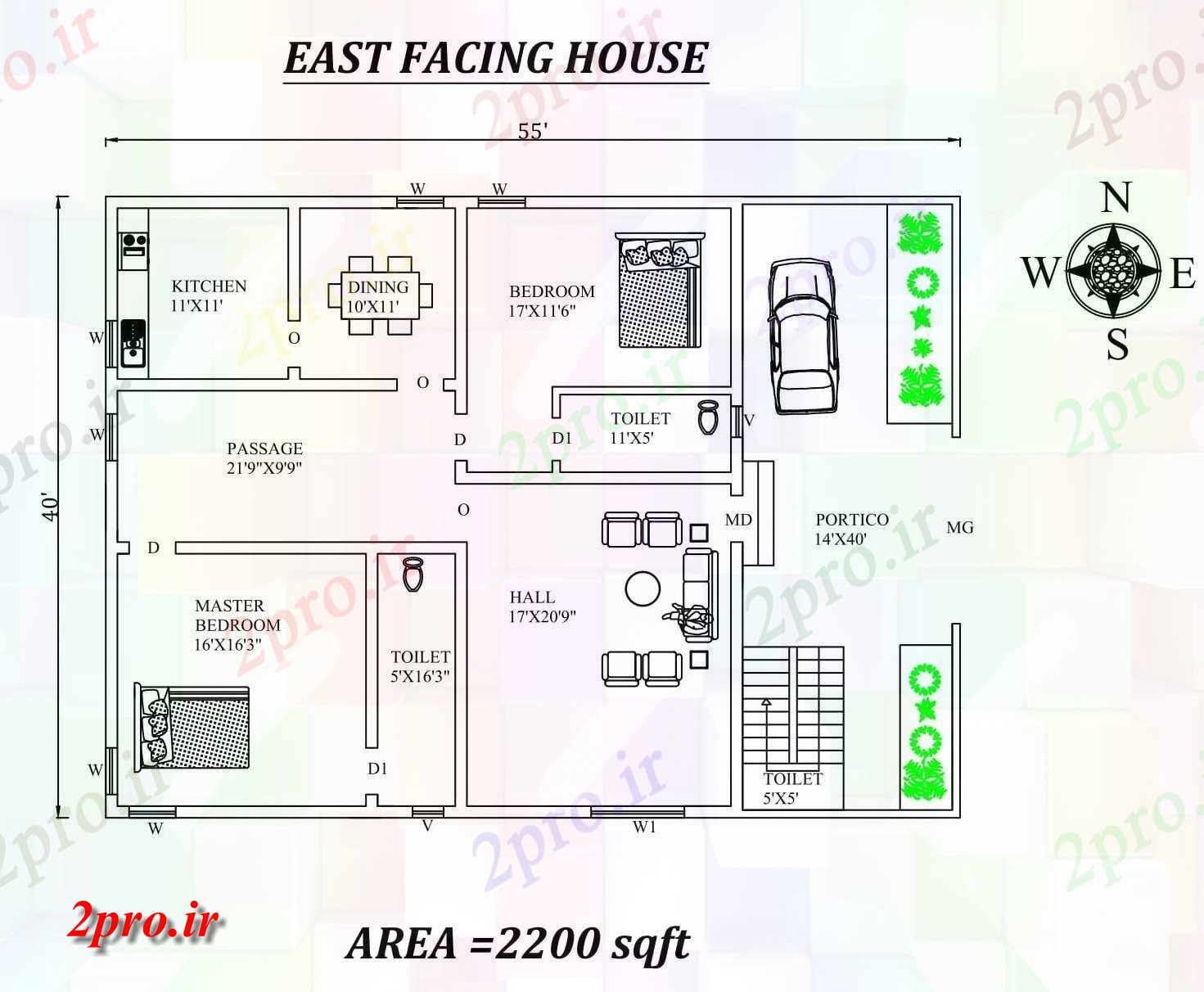 دانلود نقشه مسکونی ، ویلایی ، آپارتمان کامل مبله 2bhk شرق 55'X40، مواجه خانه طرحی به عنوان در هر Vastu Shastra هستند، اتوکد و جزئیات پی دی اف 11 در 12 متر (کد157882)