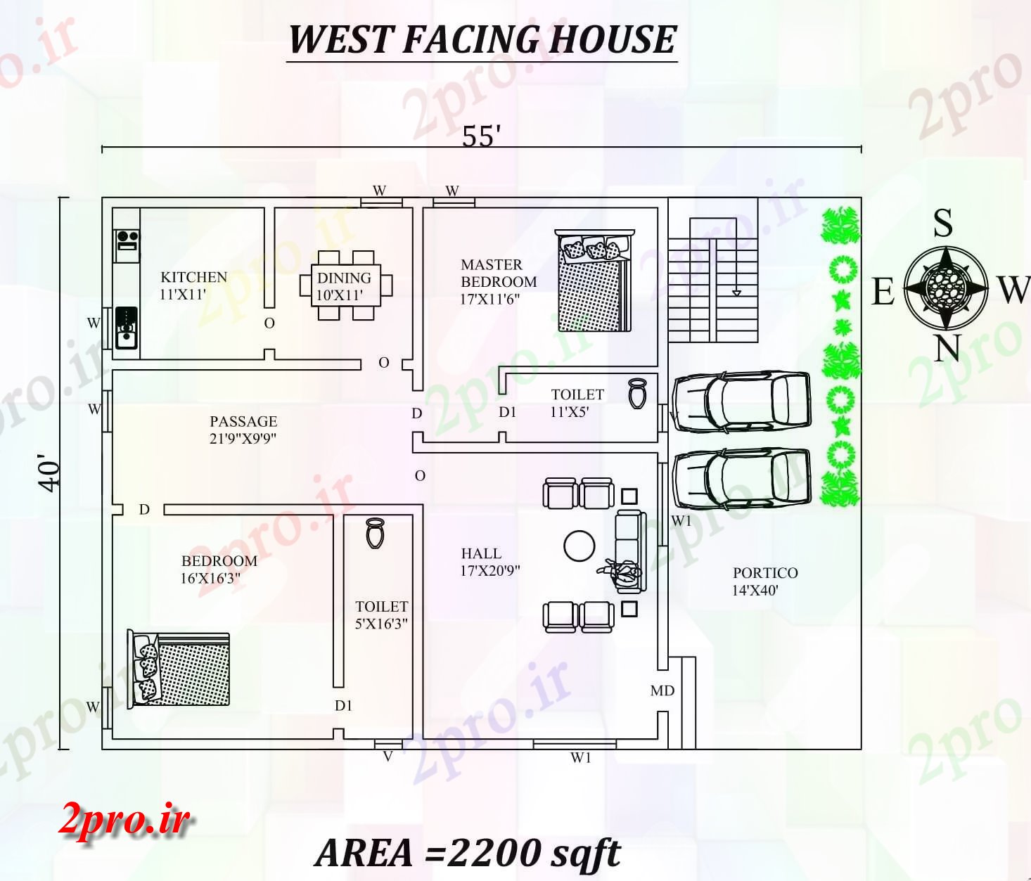 دانلود نقشه مسکونی ، ویلایی ، آپارتمان X40، 2bhk شگفت غرب مواجه خانه طرحی به عنوان در هر Vastu را Shastra و جزئیات پی دی اف 11 در 12 متر (کد157885)