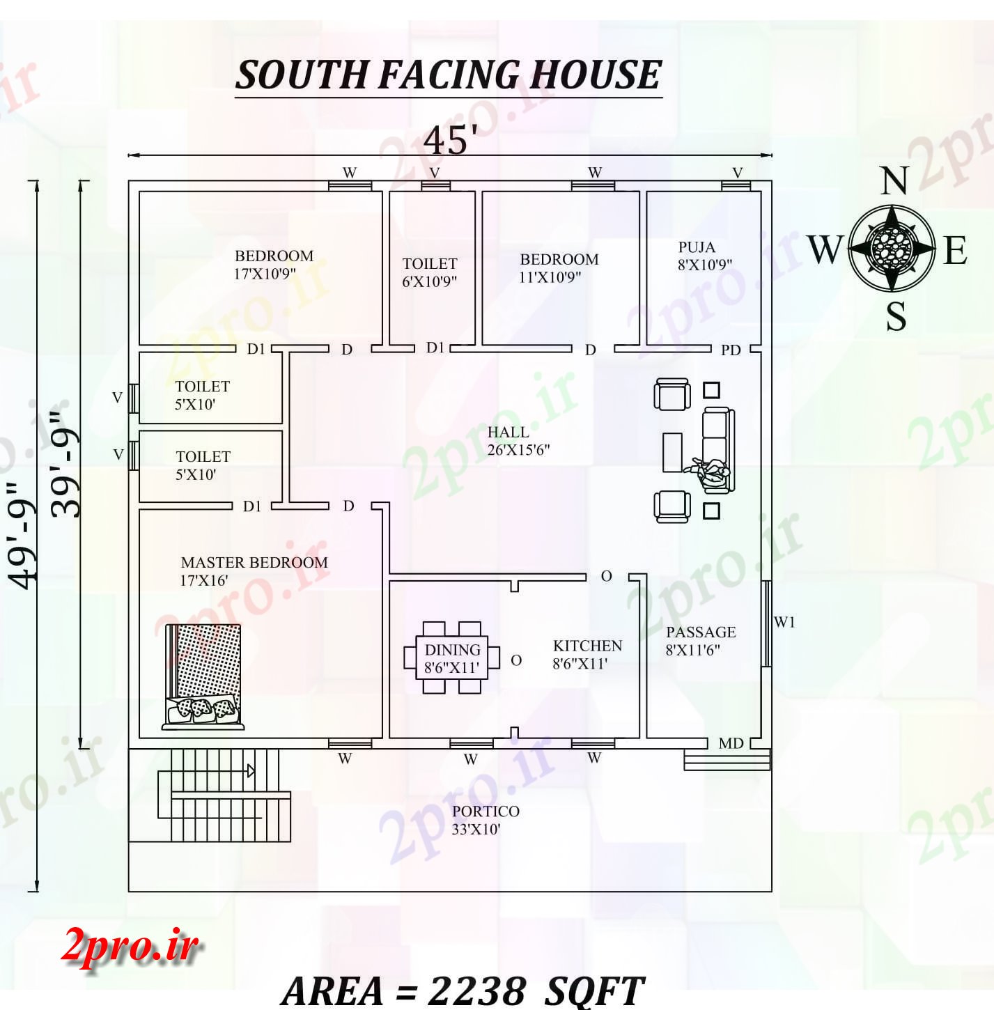 دانلود نقشه مسکونی ، ویلایی ، آپارتمان X49'9 3bhk جنوبی مواجه خانه طرحی به عنوان در هر Vastu Shastra هستند، اتوکد و پی دی اف جزئیات 11 در 13 متر (کد157886)