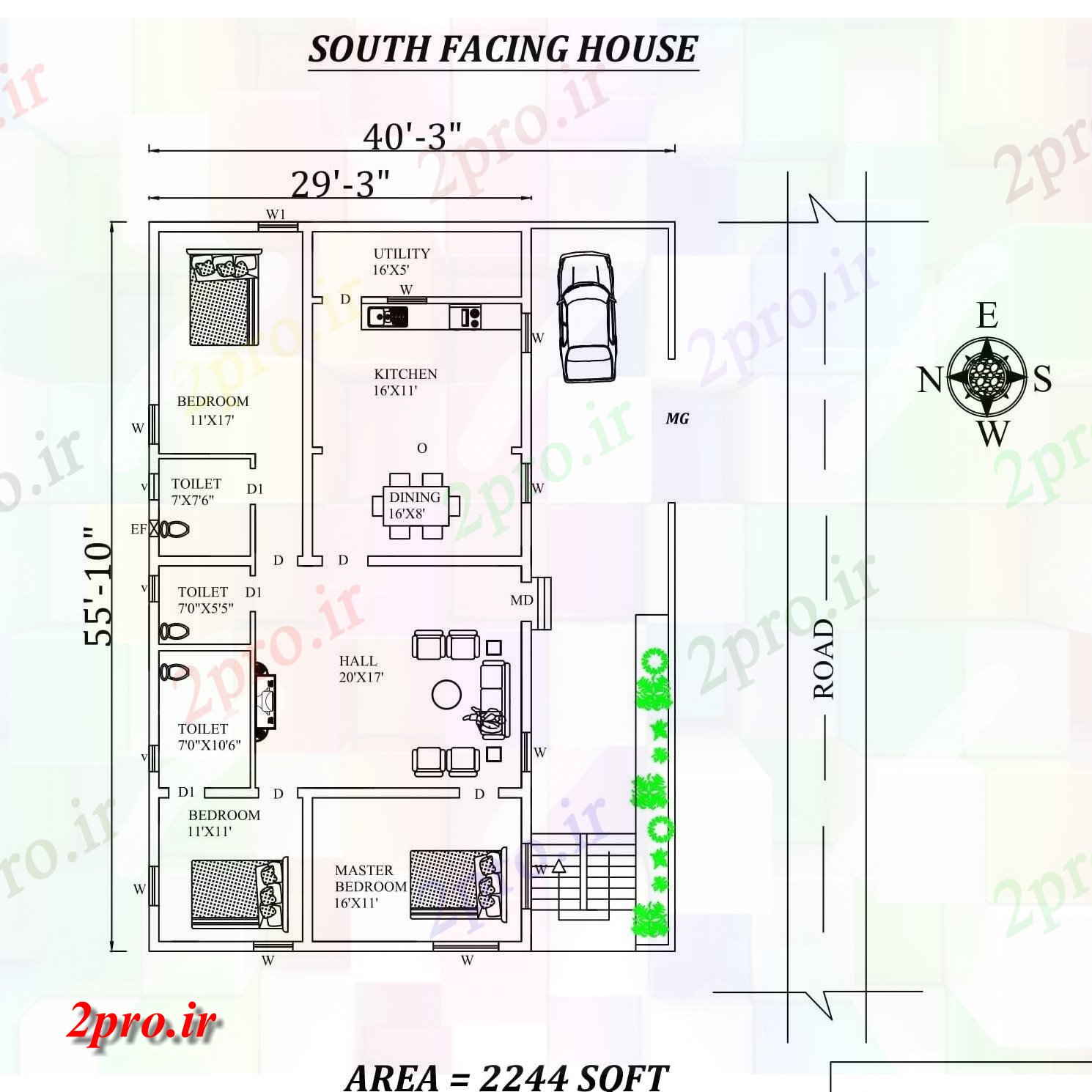 دانلود نقشه مسکونی ، ویلایی ، آپارتمان 3 X55'10 3bhk جنوبی مواجه خانه طرحی به عنوان در هر Vastu Shastra هستند، اتوکد و جزئیات پی دی اف 8 در 16 متر (کد157887)