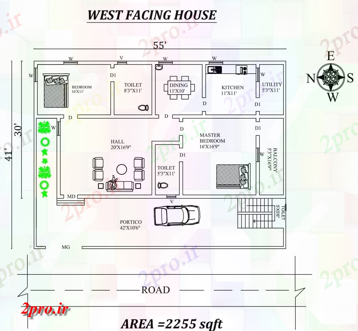 دانلود نقشه مسکونی ، ویلایی ، آپارتمان x41 '2 BHK غرب در مواجهه با مجلس طرحی به عنوان در هر Vastu Shastra هستند، اتوکد و جزئیات پی دی اف 8 در 16 متر (کد157893)