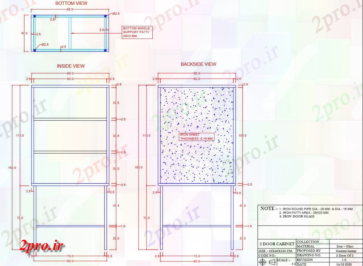 دانلود نقشه مسکونی  ، ویلایی ، آپارتمان  اندازه 2 درب کابینت  105x40x180 CM برای  PDF (کد157915)