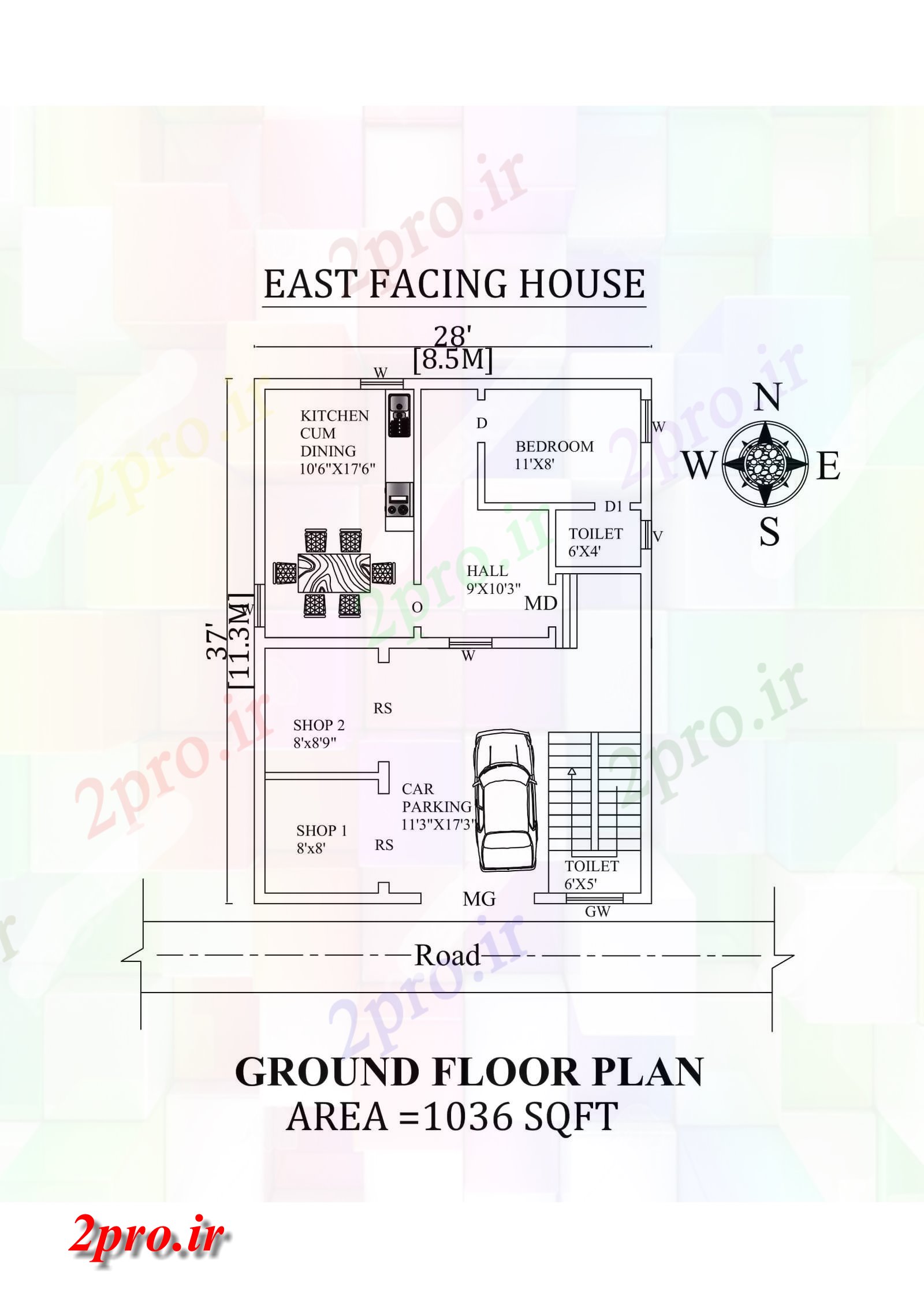 دانلود نقشه مسکونی ، ویلایی ، آپارتمان X37 تک BHK شرق مواجه خانه طرحی به عنوان در هر Vastu را Shastra و جزئیات پی دی اف 5 در 8 متر (کد157921)