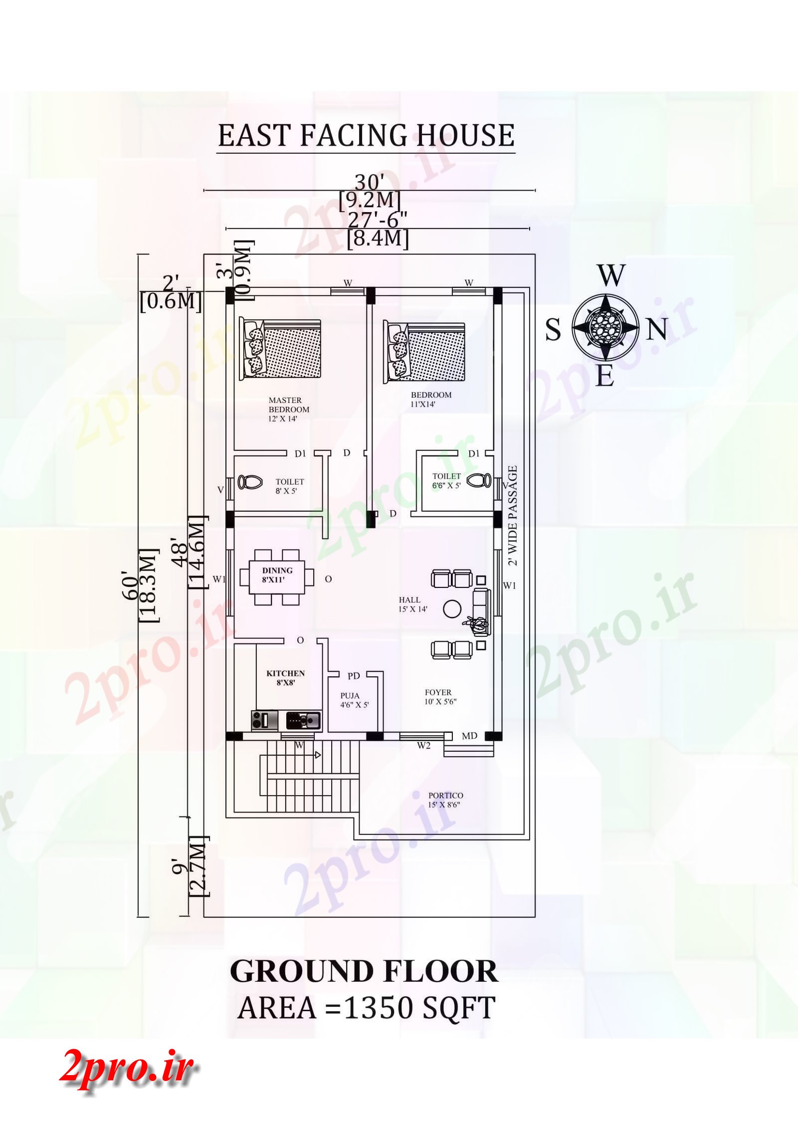 دانلود نقشه مسکونی ، ویلایی ، آپارتمان 6 X 48 'کامل 2bhk شرق مواجه خانه طرحی به عنوان در هر Vastu Shastra هستند اتوکد و جزئیات پی دی اف 7 در 12 متر (کد157922)