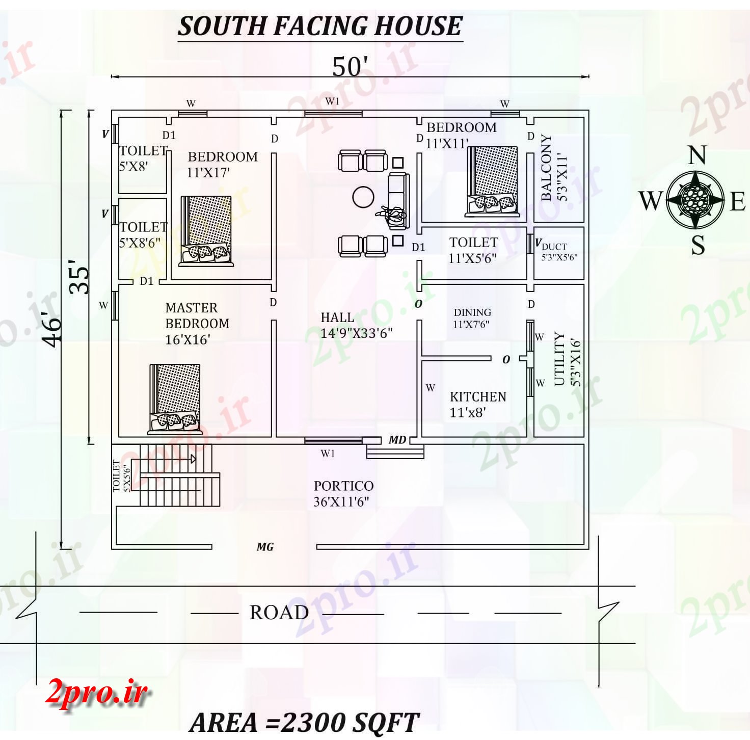 دانلود نقشه مسکونی ، ویلایی ، آپارتمان X46، 3bhk جنوبی مواجه خانه طرحی به عنوان در هر Vastu Shastra هستند اتوکد و جزئیات پی دی اف 10 در 14 متر (کد157923)