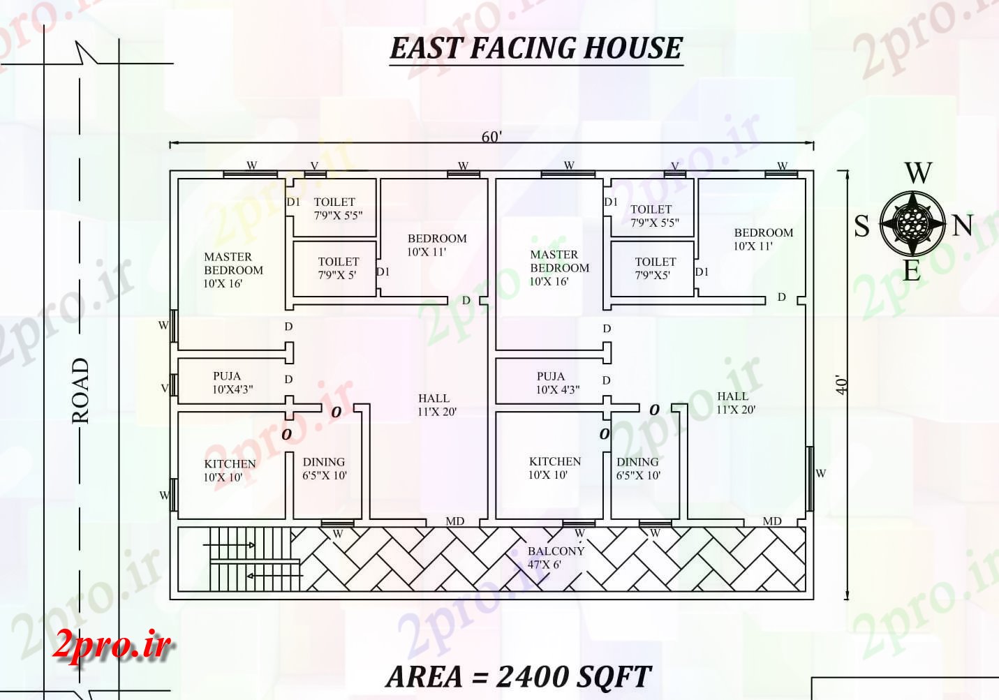 دانلود نقشه مسکونی ، ویلایی ، آپارتمان bhk 60'X40 شرق مواجه دوقلو خانه طرحی به عنوان در هر Vastu Shastra هستند اتوکد و جزئیات پی دی اف 9 در 17 متر (کد157927)