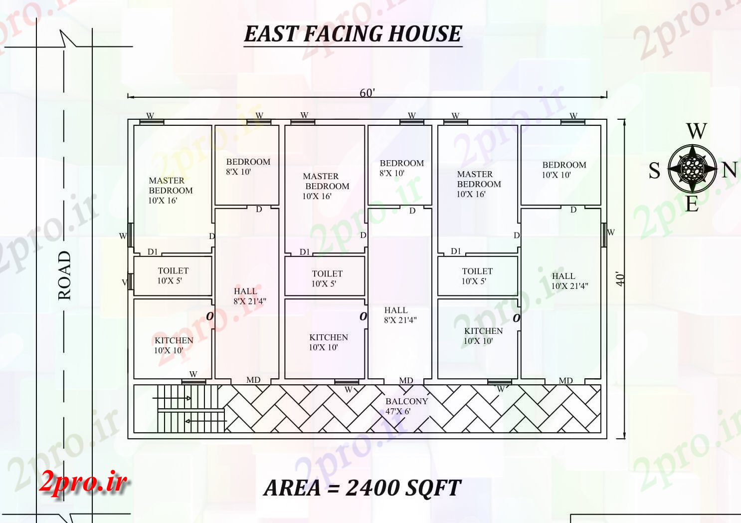 دانلود نقشه مسکونی ، ویلایی ، آپارتمان bhk 60'X40 شرق مواجه Trible خانه طرحی به عنوان در هر Vastu Shastra هستند 9 در 17 متر (کد157928)