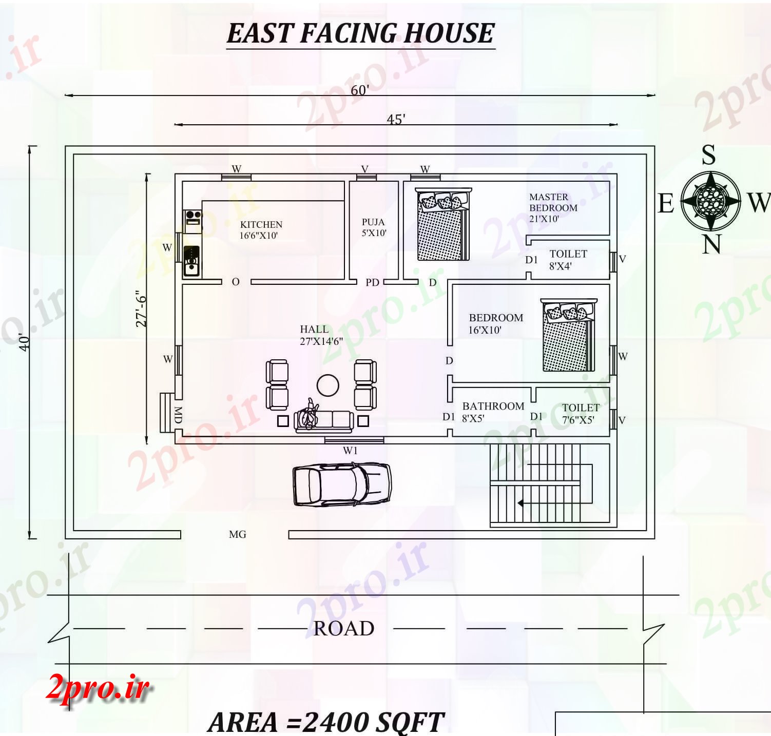 دانلود نقشه مسکونی ، ویلایی ، آپارتمان X40، 2bhk مبله شرق مواجه خانه طرحی به عنوان در هر Vastu را Shastra و جزئیات پی دی اف 8 در 13 متر (کد157929)