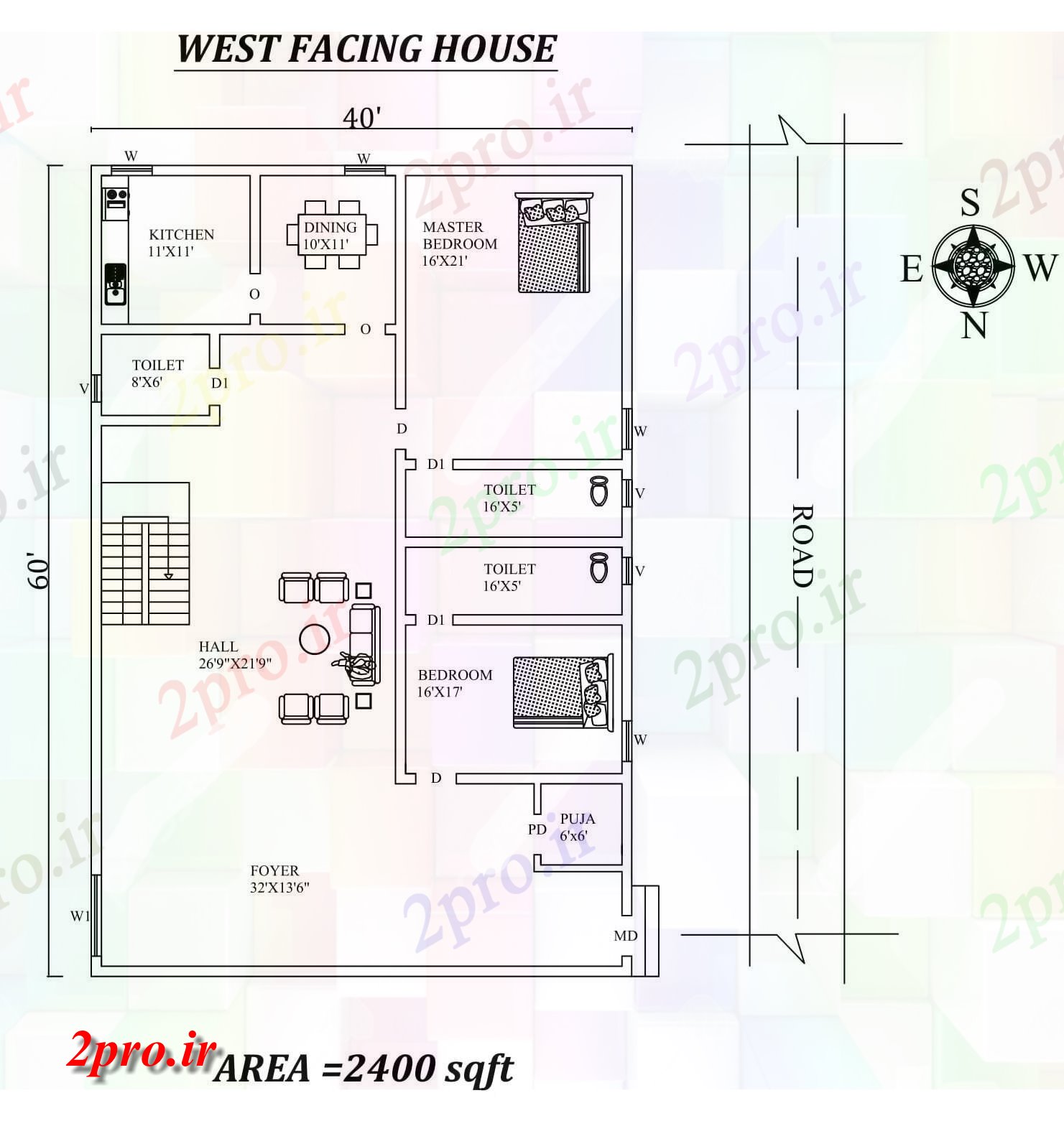 دانلود نقشه مسکونی ، ویلایی ، آپارتمان X60، 2bhk شگفت مبله غرب مواجه خانه طرحی به عنوان در هر Vastu Shastra هستند اتوکد و جزئیات پی دی اف 11 در 17 متر (کد157930)