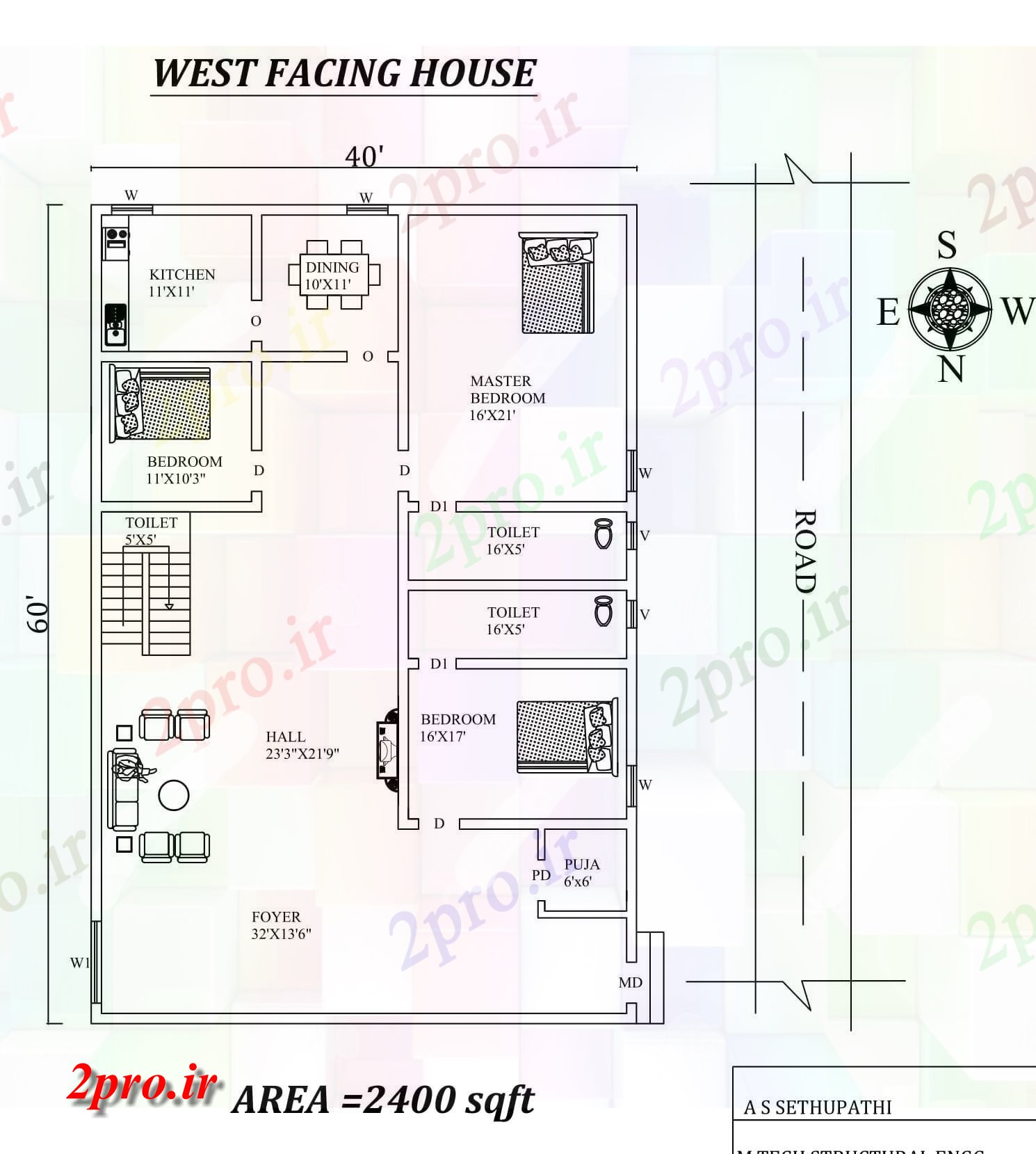 دانلود نقشه مسکونی ، ویلایی ، آپارتمان X60، 3bhk شگفت مبله غرب مواجه خانه طرحی به عنوان در هر Vastu را Shastra و جزئیات پی دی اف 11 در 17 متر (کد157931)