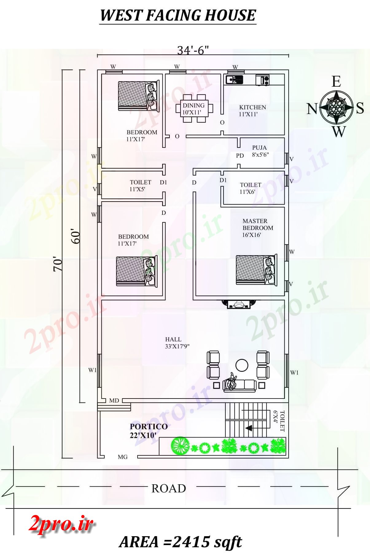 دانلود نقشه مسکونی ، ویلایی ، آپارتمان 6 3bhk مبله شگفت X70 غرب مواجه خانه طرحی به عنوان در هر Vastu Shastra هستند اتوکد و جزئیات پی دی اف 10 در 12 متر (کد157932)