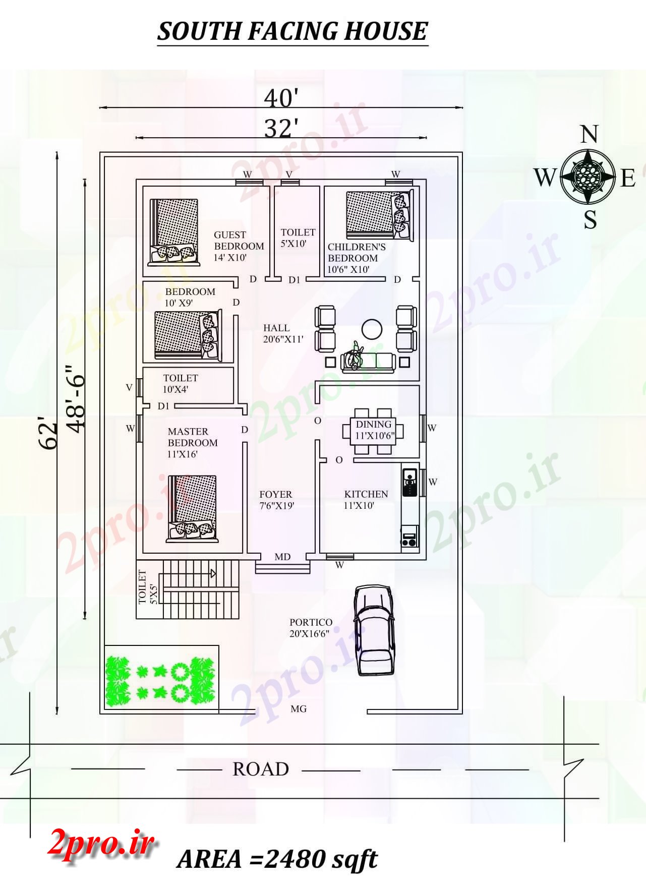 دانلود نقشه مسکونی ، ویلایی ، آپارتمان X62، 3bhk جنوبی مواجه خانه طرحی به عنوان در هر Vastu را Shastra و جزئیات پی دی اف 9 در 12 متر (کد157934)