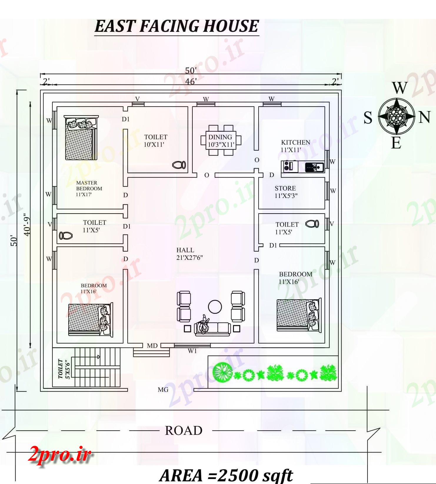 دانلود نقشه مسکونی ، ویلایی ، آپارتمان متفاوت، شکوهمند شرق 50'X50، روبرو 3BHk خانه طرحی به عنوان در هر Vasthu Shastra و جزئیات پی دی اف 11 در 12 متر (کد157936)