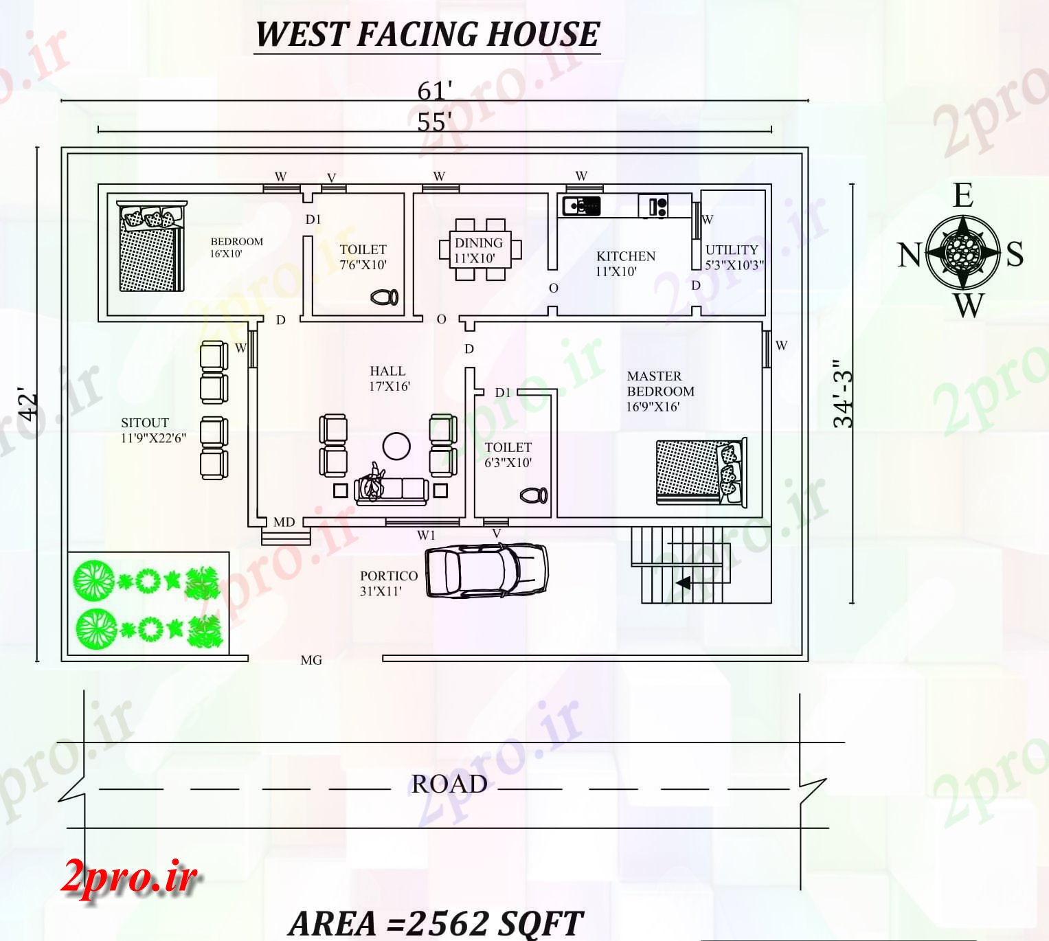 دانلود نقشه مسکونی ، ویلایی ، آپارتمان X42، 2bhk شگفت غرب مواجه خانه طرحی به عنوان در هر Vastu Shastra هستند اتوکد و جزئیات پی دی اف 8 در 16 متر (کد157938)