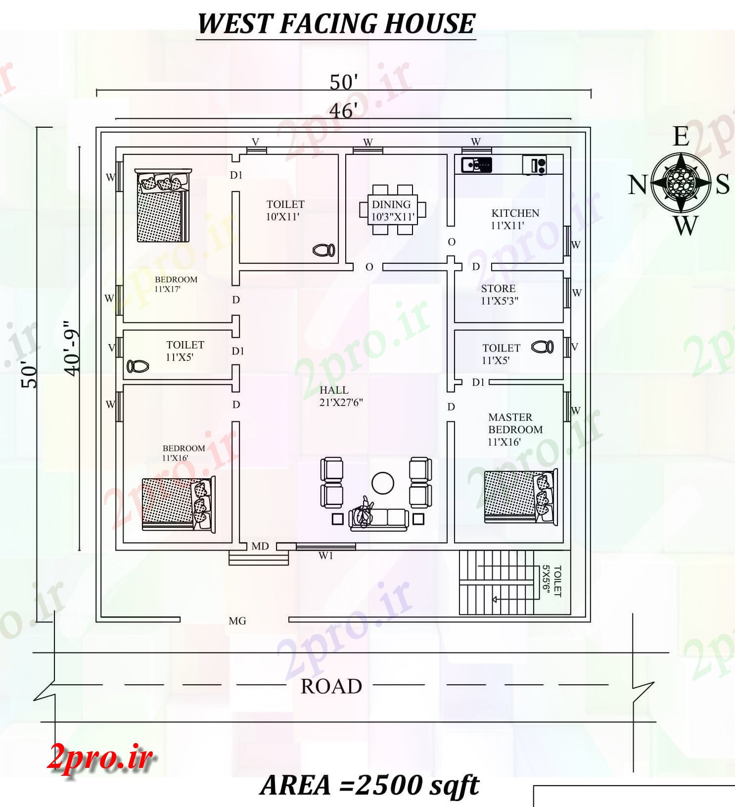 دانلود نقشه مسکونی ، ویلایی ، آپارتمان غرب به طور کامل مبله 50'X50، روبرو 3BHk خانه طرحی به عنوان در هر Vasthu شرا اتوکد و جزئیات پی دی اف 12 در 13 متر (کد157940)