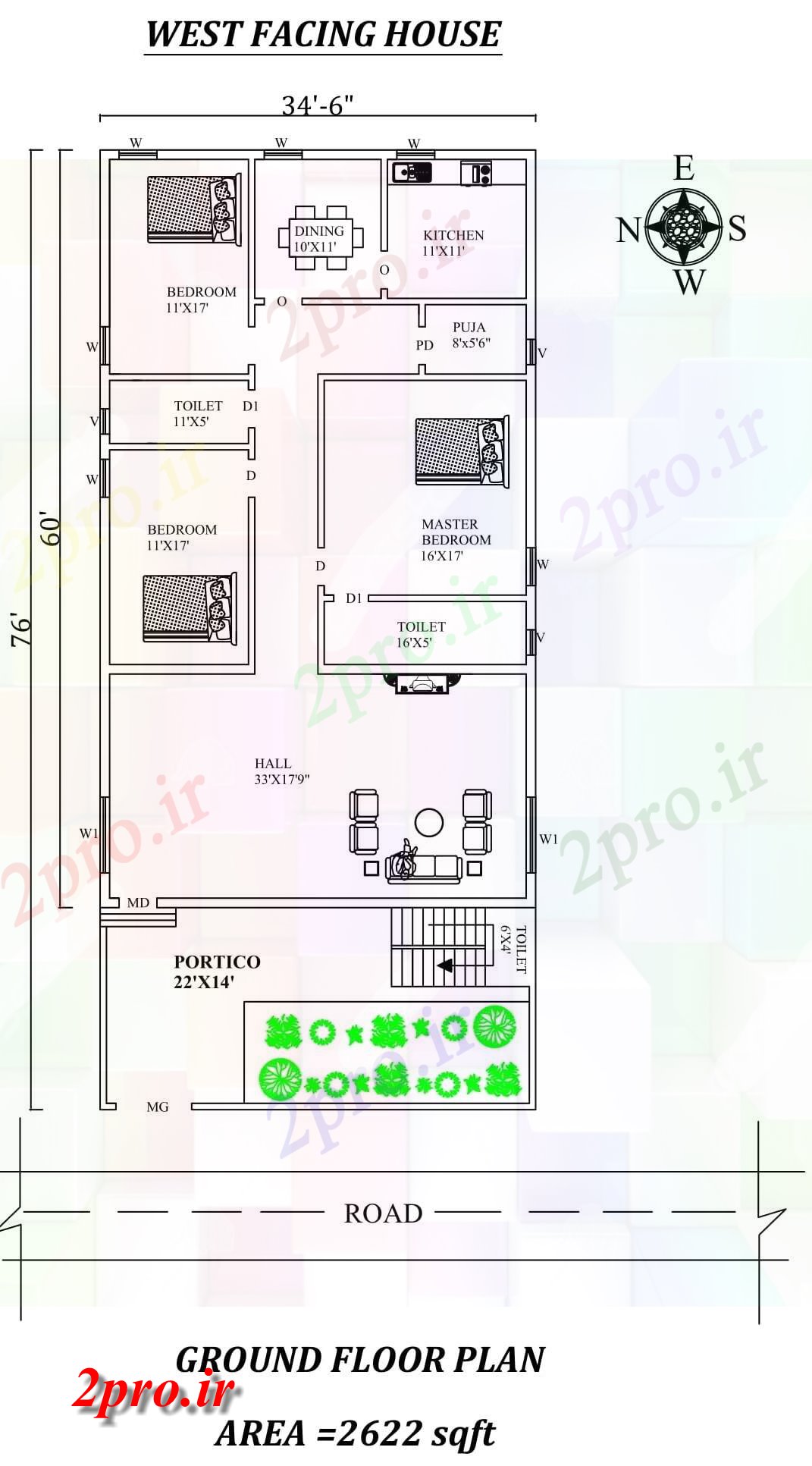 دانلود نقشه مسکونی ، ویلایی ، آپارتمان 6 X 76 '3bhk زیبا غرب مواجه خانه طرحی به عنوان در هر Vastu Shastra هستند، اتوکد و جزئیات پی دی اف 10 در 17 متر (کد157941)