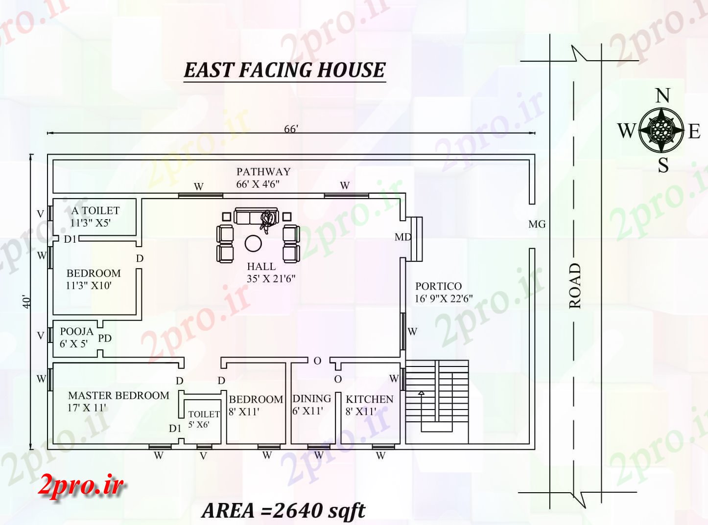 دانلود نقشه مسکونی ، ویلایی ، آپارتمان متفاوت، شکوهمند شرق 66'X40، روبرو 3BHk خانه طرحی به عنوان در هر Vasthu شرا اتوکد و جزئیات پی دی اف 10 در 14 متر (کد157942)