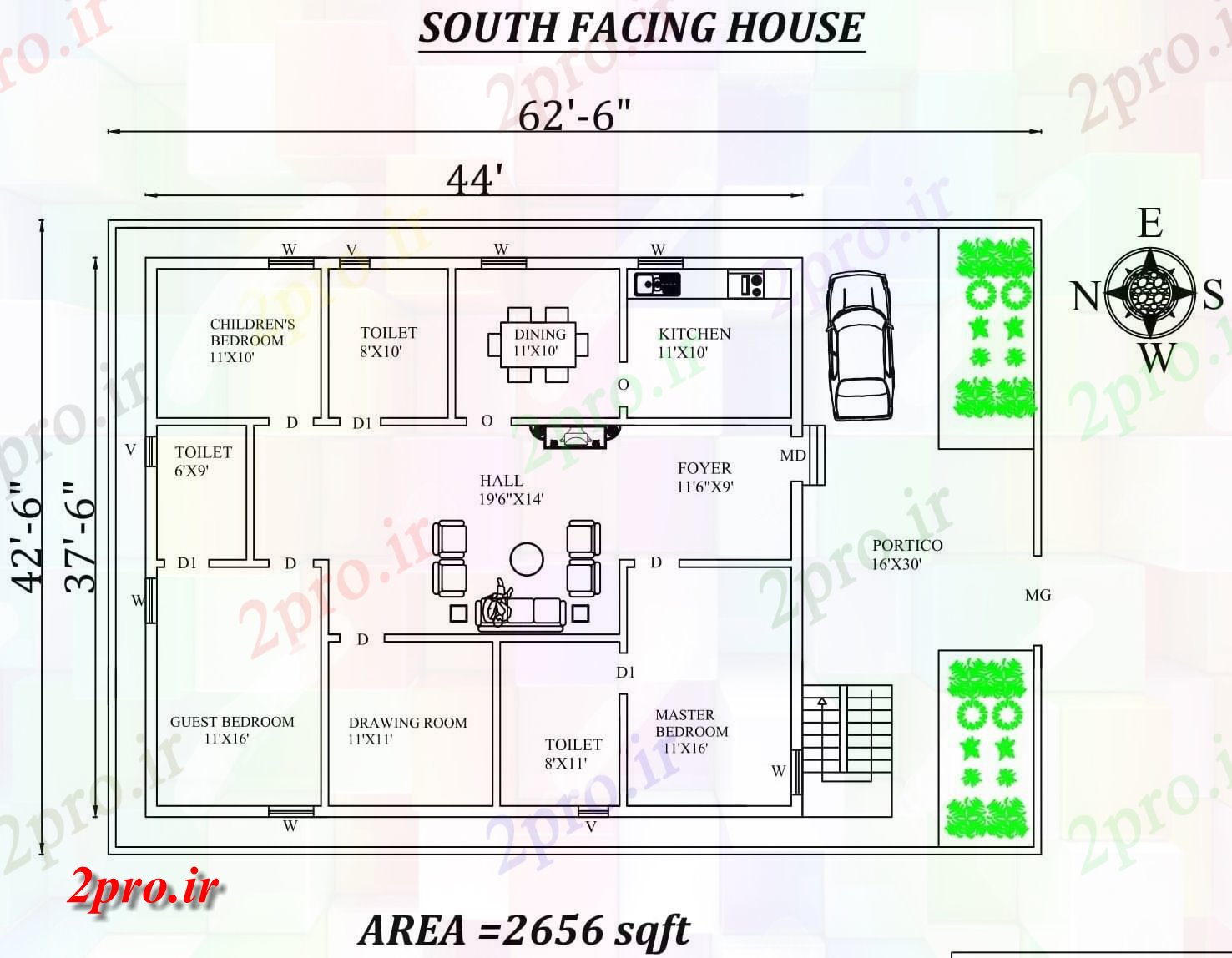 دانلود نقشه مسکونی ، ویلایی ، آپارتمان 6 X42'6 3bhk جنوبی مواجه خانه طرحی به عنوان در هر Vastu Shastra هستند، اتوکد و جزئیات پی دی اف 11 در 12 متر (کد157943)