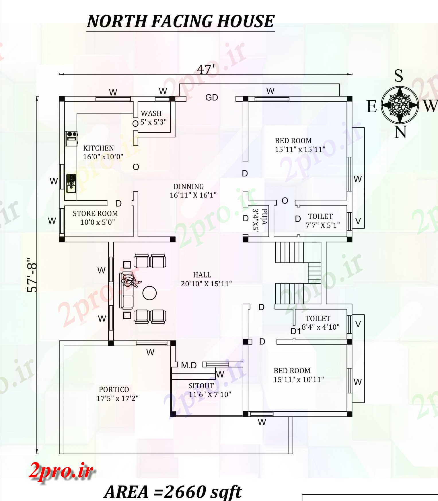 دانلود نقشه مسکونی ، ویلایی ، آپارتمان X57'8 شگفت انگیز شمالی طرحی خانه 2bhk به عنوان در هر Vastu Shastra هستند، اتوکد و جزئیات پی دی اف 13 در 16 متر (کد157944)