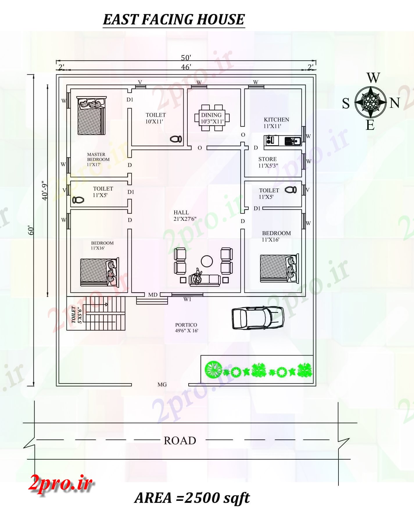 دانلود نقشه مسکونی ، ویلایی ، آپارتمان X60، به طور کامل مبله شرق روبرو 3BHk خانه طرحی به عنوان در هر Vasthu شرا 11 در 13 متر (کد157945)