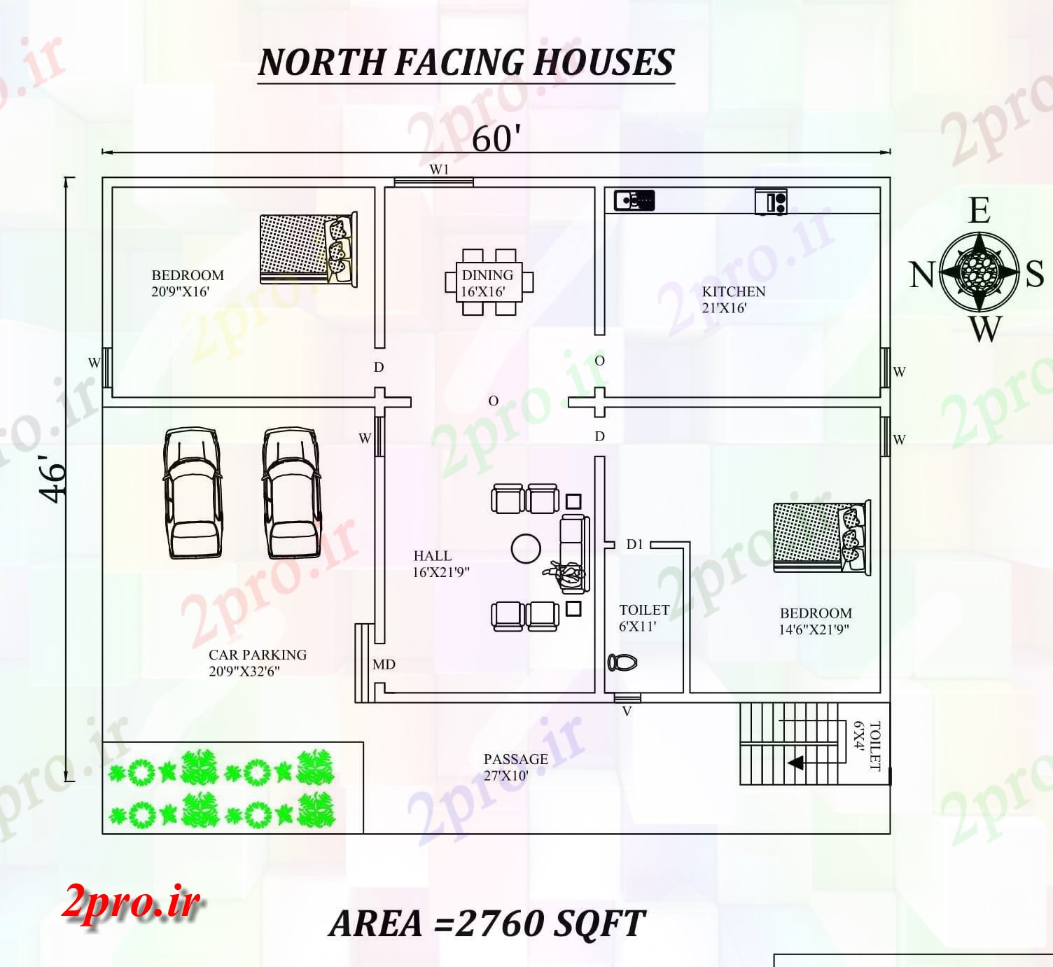 دانلود نقشه مسکونی ، ویلایی ، آپارتمان شگفت انگیز شمالی 60'X46، مواجه طرحی خانه 2bhk به عنوان در هر Vastu را Shastra و جزئیات پی دی اف 11 در 17 متر (کد157946)