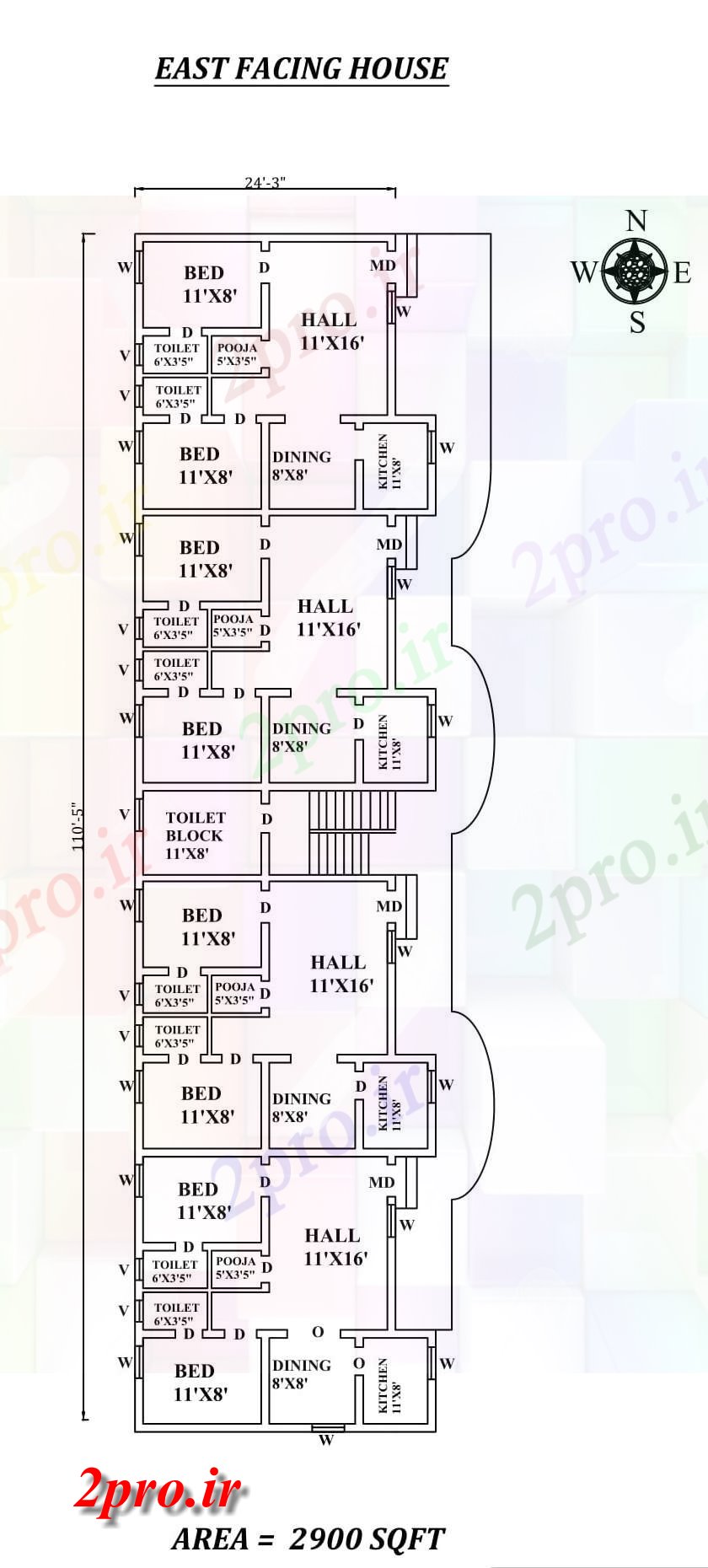 دانلود نقشه مسکونی ، ویلایی ، آپارتمان 3 X 110'5 2bhk شرق مواجه ردیف خانه طرحی به عنوان در هر Vastu Shastra هستند، اتوکد و جزئیات پی دی اف 8 در 32 متر (کد157948)