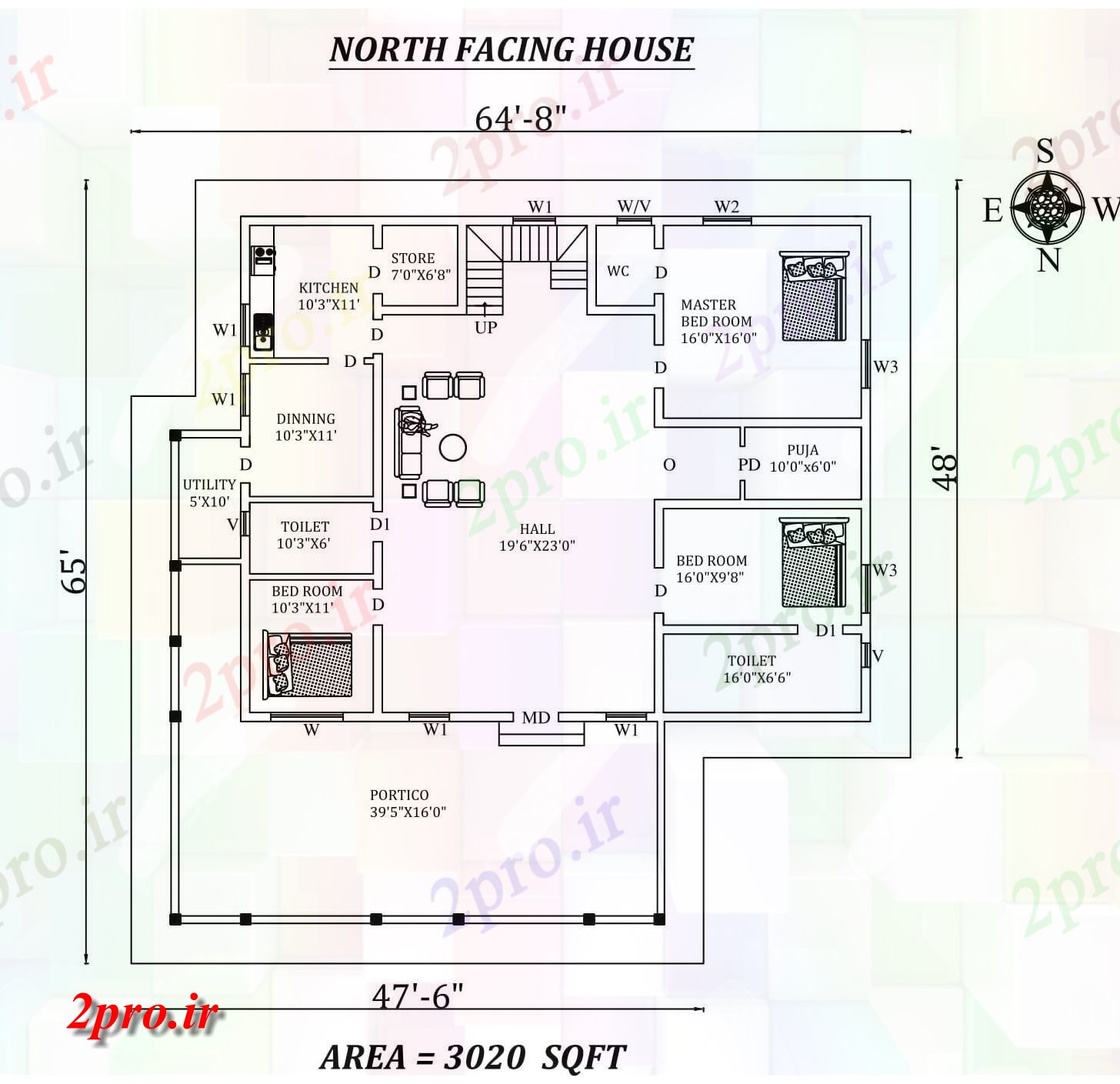 دانلود نقشه مسکونی ، ویلایی ، آپارتمان 8 X65 پر زرق و برق به طور کامل مبله 3BHK شمالی خانه طرحی به عنوان در هر Vasthu شرا اتوکد و جزئیات پی دی اف 16 در 17 متر (کد157950)