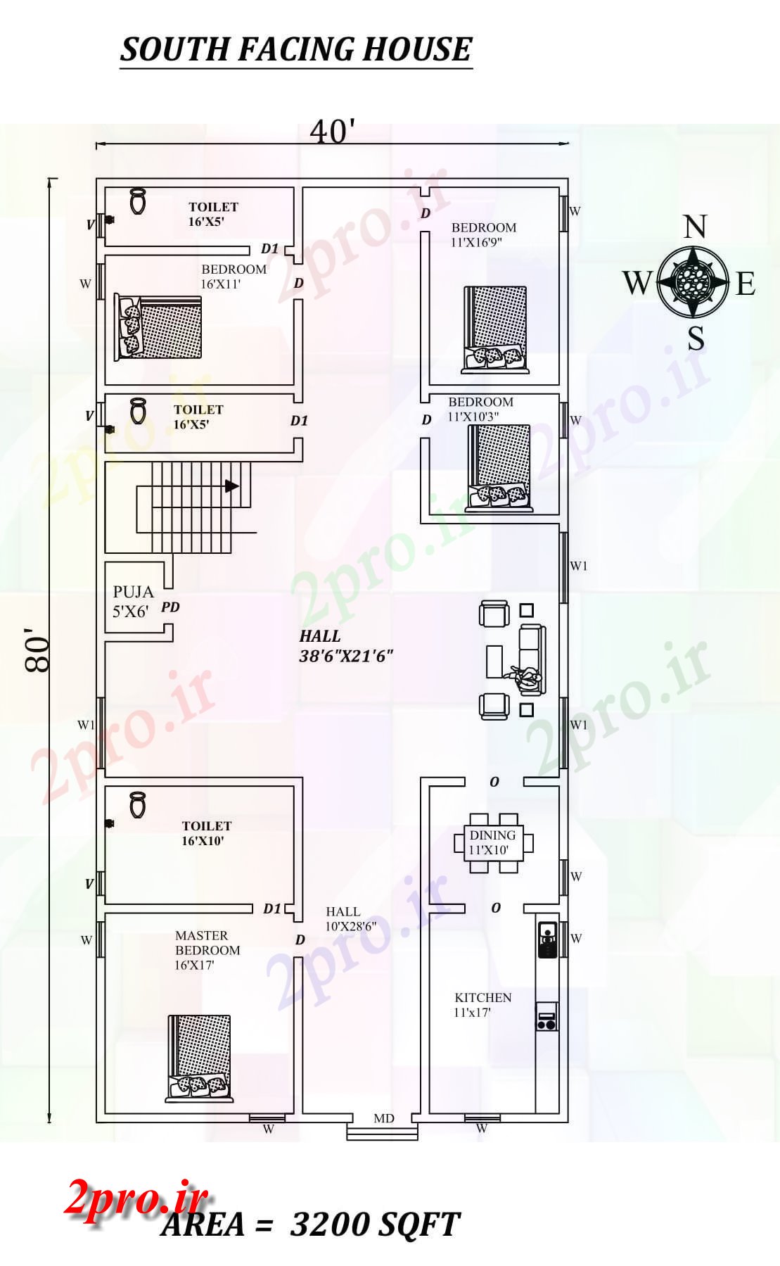 دانلود نقشه مسکونی ، ویلایی ، آپارتمان X80'4bhk جنوبی مواجه خانه طرحی به عنوان در هر Vastu را Shastra و جزئیات پی دی اف 11 در 23 متر (کد157951)