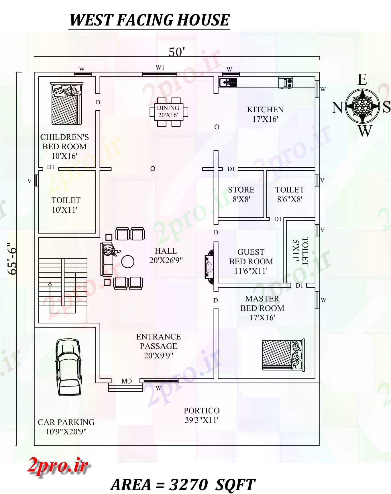 دانلود نقشه مسکونی ، ویلایی ، آپارتمان X 65'6 3bhk زیبا غرب مواجه خانه طرحی به عنوان در هر Vastu Shastra هستند، اتوکد و جزئیات پی دی اف 14 در 16 متر (کد157952)