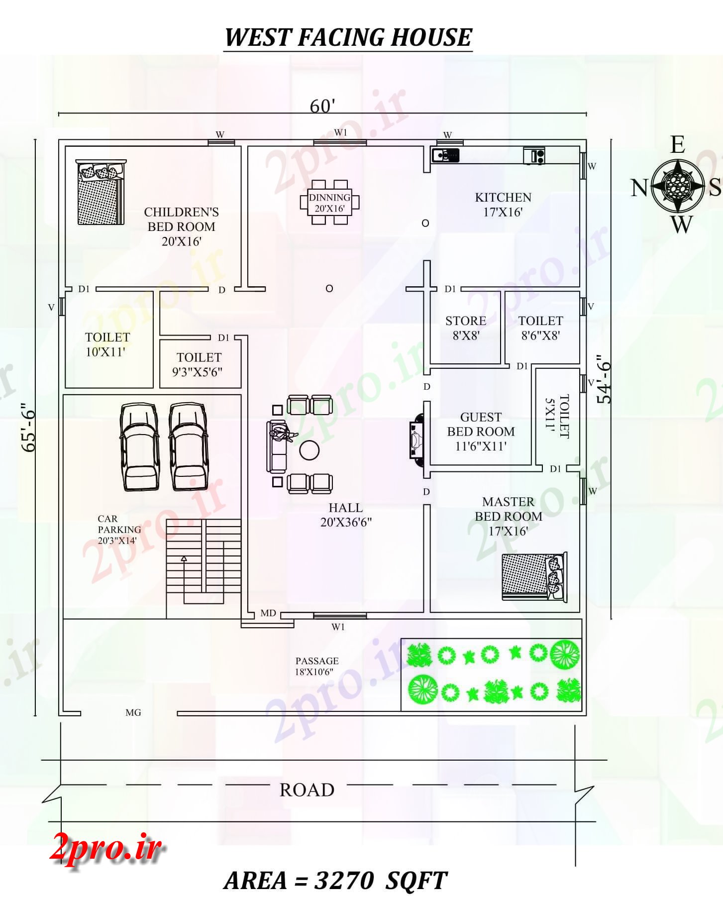 دانلود نقشه مسکونی ، ویلایی ، آپارتمان X 65'6 3bhk زیبا غرب مواجه خانه طرحی به عنوان در هر Vastu Shastra هستند، اتوکد و جزئیات پی دی اف 10 در 17 متر (کد157953)