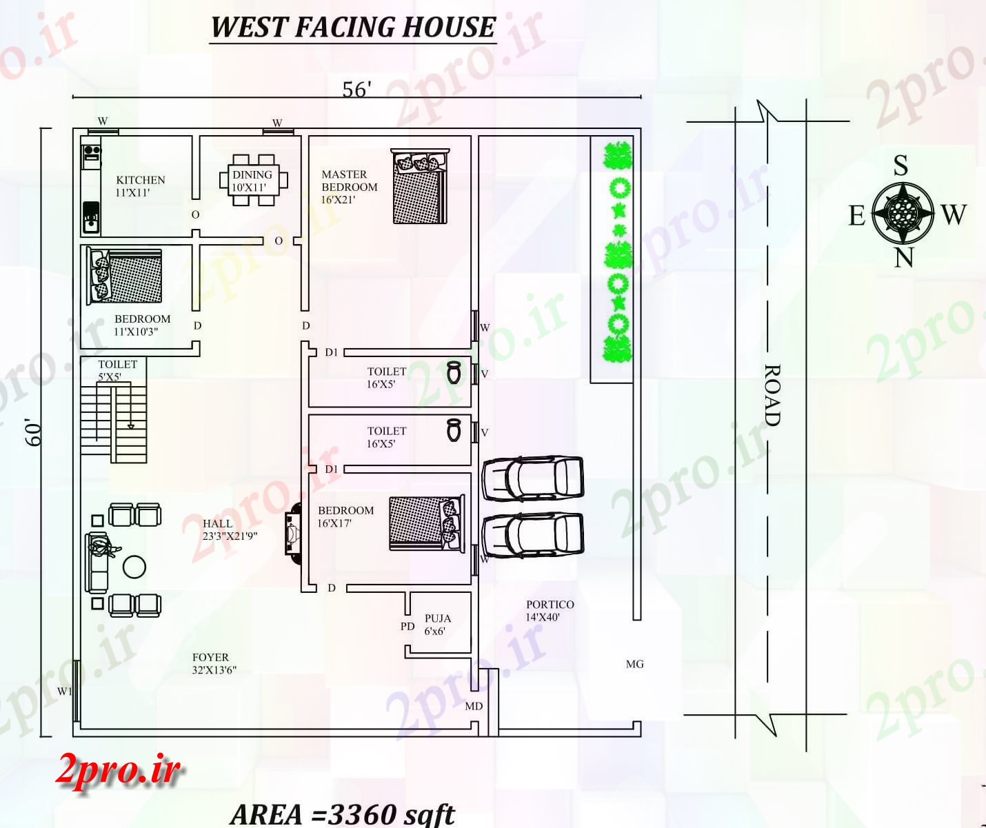 دانلود نقشه مسکونی ، ویلایی ، آپارتمان X60، 3bhk شگفت مبله غرب مواجه خانه طرحی به عنوان در هر Vastu Shastra هستند، اتوکد و جزئیات پی دی اف 11 در 17 متر (کد157954)