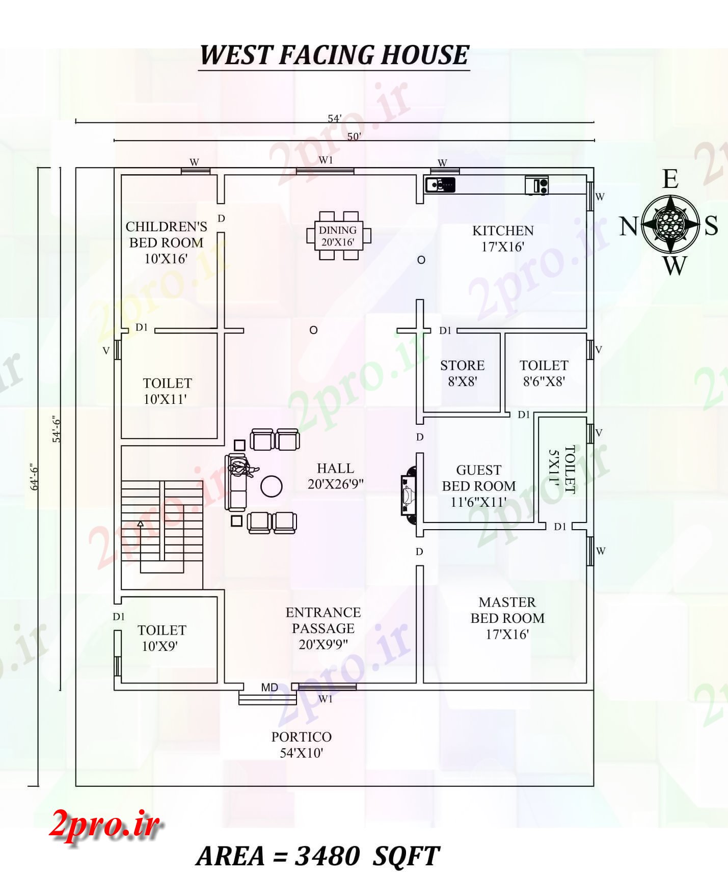 دانلود نقشه مسکونی  ، ویلایی ، آپارتمان  X 54'6     3bhk زیبا غرب مواجه خانه طرحی به عنوان در هر Vastu Shastra هستند، اتوکد  و جزئیات  پی دی اف (کد157956)