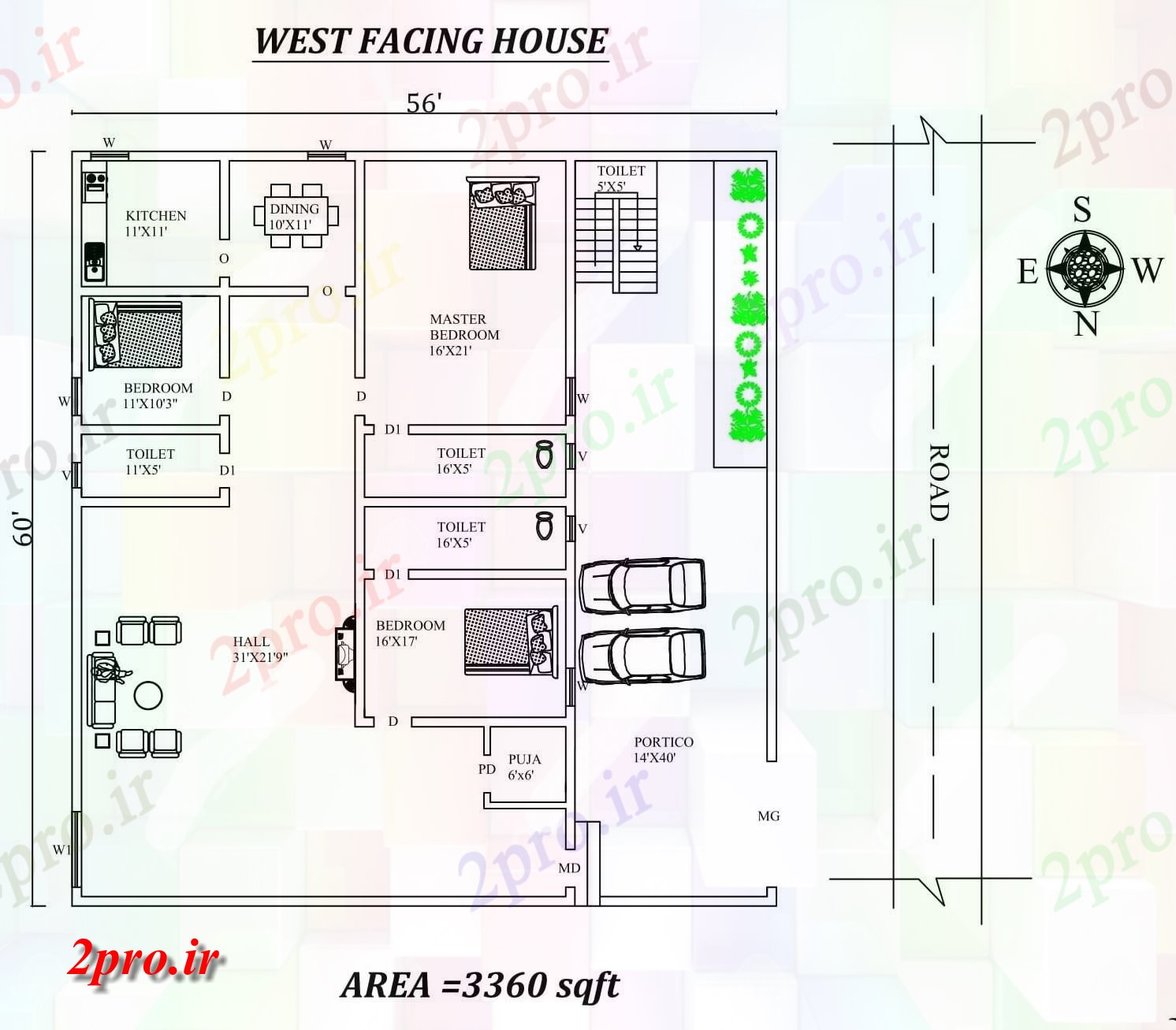 دانلود نقشه مسکونی ، ویلایی ، آپارتمان X60، به طور کامل مبله 3bhk غرب مواجه خانه طرحی به عنوان در هر Vastu Shastra هستند، اتوکد و جزئیات پی دی اف 11 در 17 متر (کد157958)