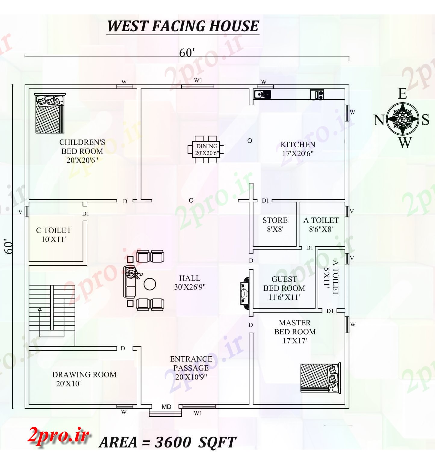 دانلود نقشه مسکونی ، ویلایی ، آپارتمان X 60 '3bhk بزرگ غرب در مواجهه با مجلس طرحی به عنوان در هر Vastu Shastra هستند، اتوکد و جزئیات پی دی اف 17 در 17 متر (کد157961)