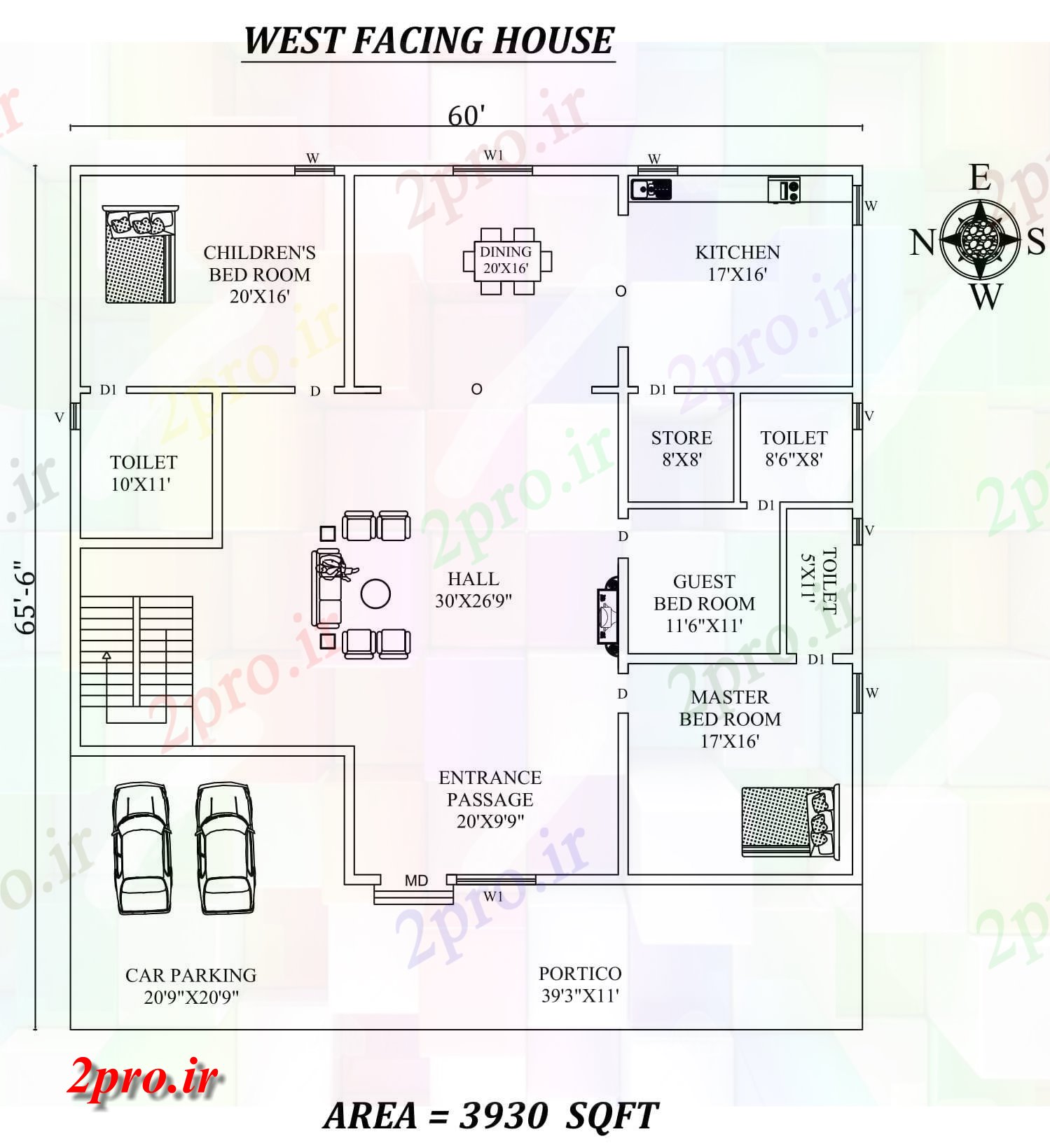 دانلود نقشه مسکونی ، ویلایی ، آپارتمان X 65'6 3bhk فوق العاده غرب مواجه خانه طرحی به عنوان در هر Vastu Shastra هستند، اتوکد و جزئیات پی دی اف 16 در 17 متر (کد157962)