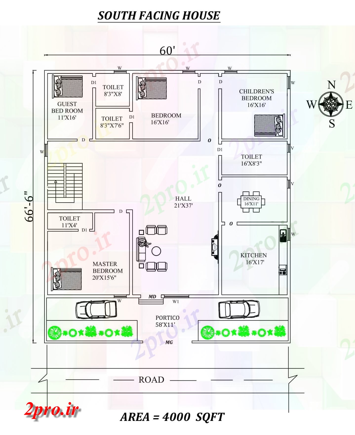 دانلود نقشه مسکونی ، ویلایی ، آپارتمان X66'6 4bhk جنوبی مواجه خانه طرحی به عنوان در هر Vastu Shastra هستند، اتوکد و جزئیات پی دی اف 16 در 17 متر (کد157963)