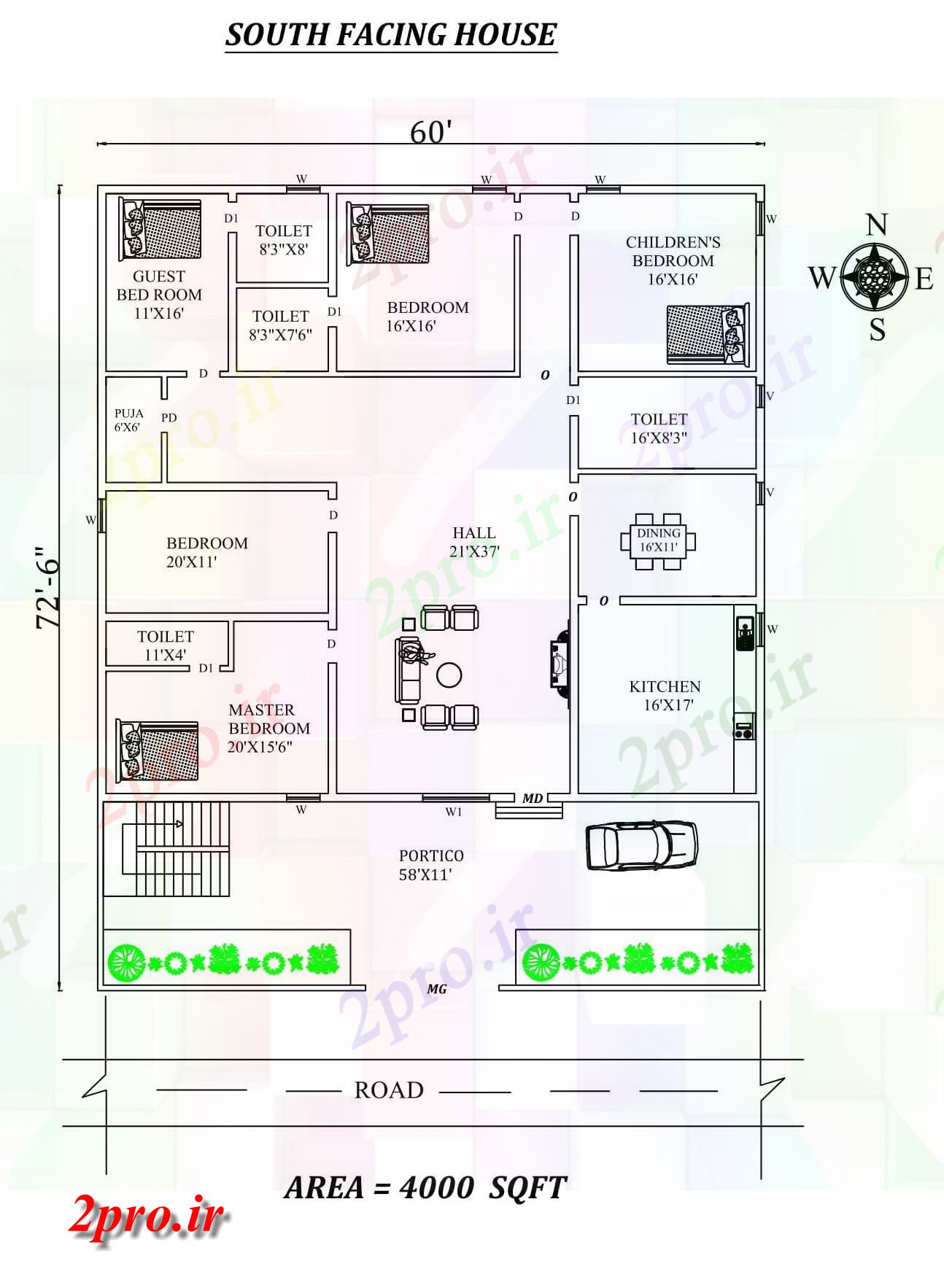 دانلود نقشه مسکونی ، ویلایی ، آپارتمان X72'6 4bhk جنوبی مواجه خانه طرحی به عنوان در هر Vastu Shastra هستند، اتوکد و پی دی اف جزئیات 16 در 17 متر (کد157964)