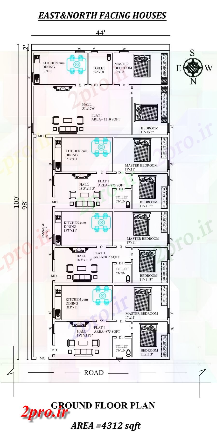 دانلود نقشه مسکونی ، ویلایی ، آپارتمان X100، کامل 2bhk شرق و رو به شمال ردیف خانه طرحی به عنوان در هر Vastu Shastra هستند، اتوکد و پی دی اف جزئیات 12 در 28 متر (کد157965)