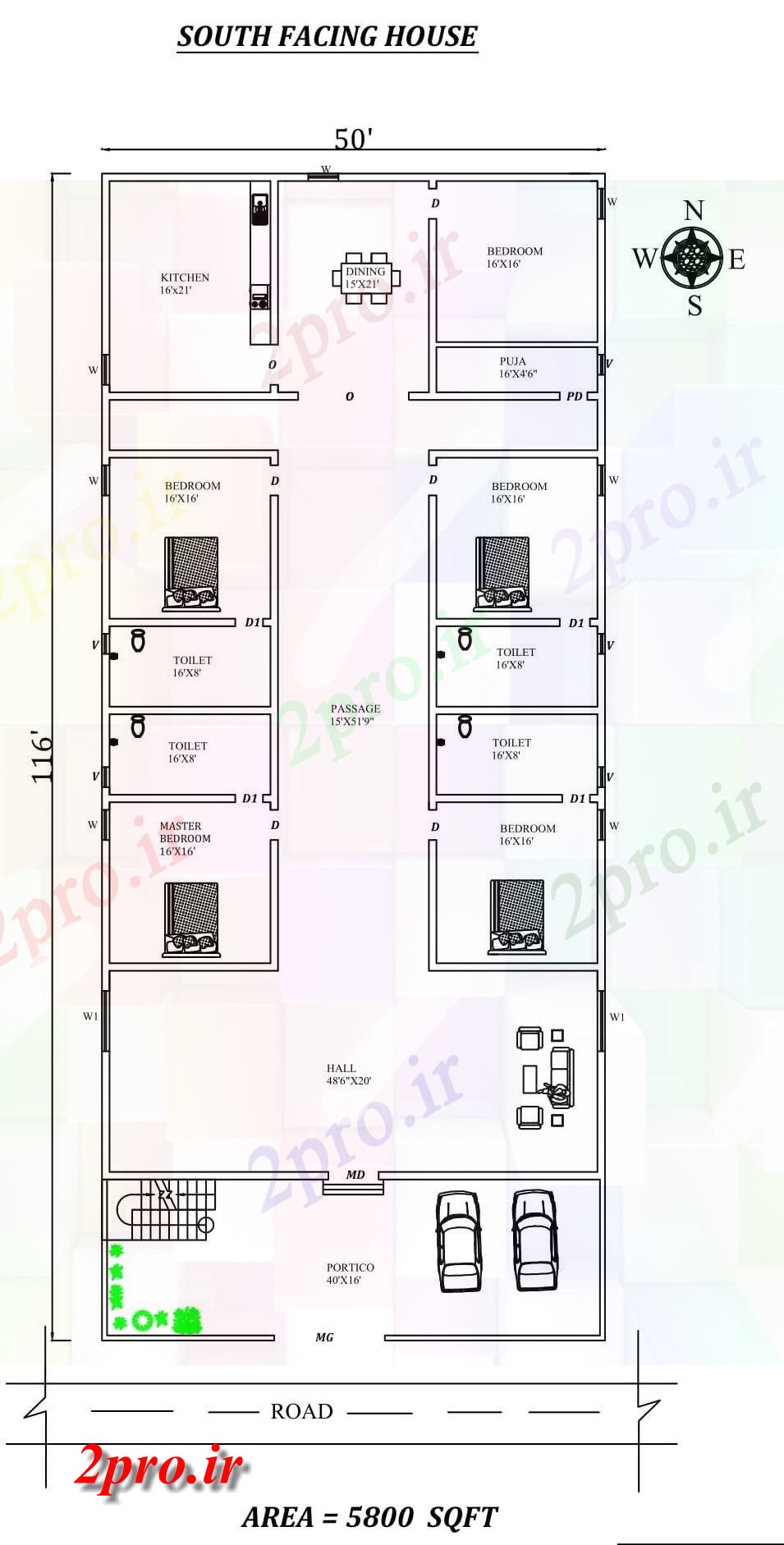 دانلود نقشه مسکونی ، ویلایی ، آپارتمان X 116، 4bhk شگفت انگیز رو به جنوب خانه طرحی به عنوان در هر Vastu Shastra هستند، اتوکد و جزئیات پی دی اف 14 در 29 متر (کد157967)