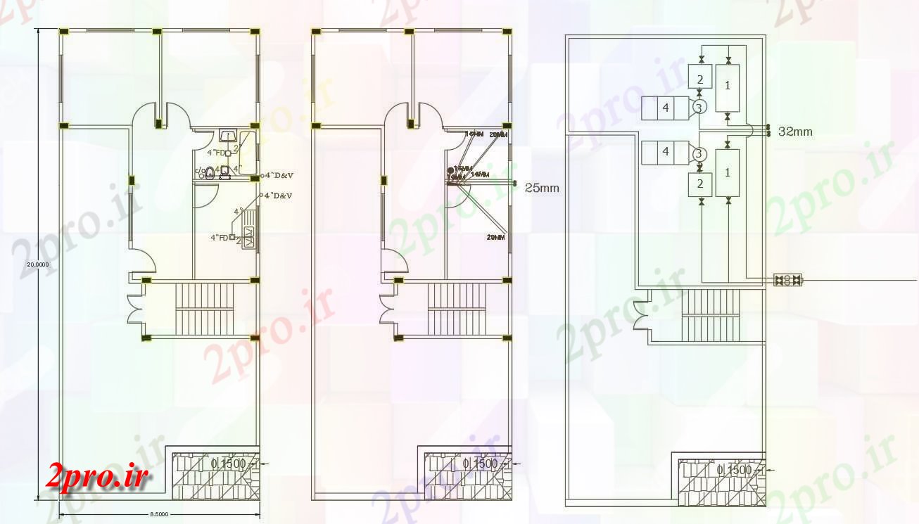 دانلود نقشه مسکونی ، ویلایی ، آپارتمان BHK خانه بهداشتی افزارهای طرحی نشیمن 8 در 20 متر (کد157993)