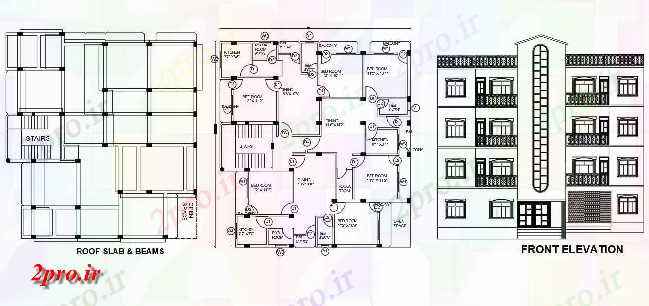 دانلود نقشه مسکونی  ، ویلایی ، آپارتمان  BHK آپارتمان   طرحی و جلو نما طراحی   (کد158011)