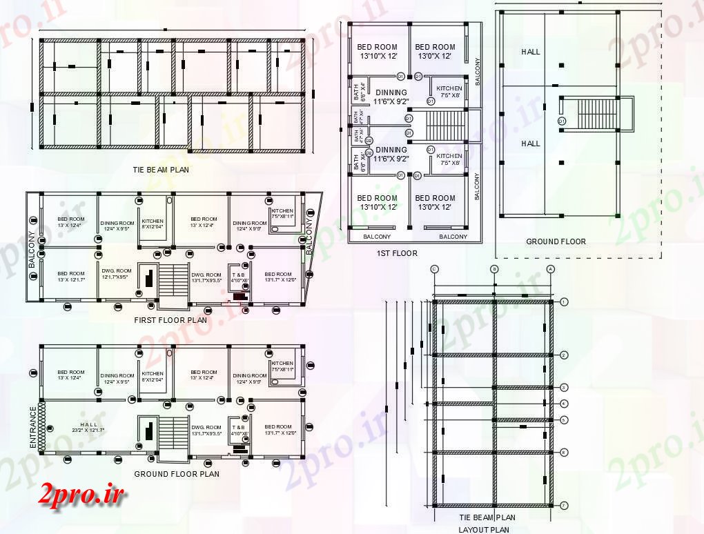 دانلود نقشه مسکونی ، ویلایی ، آپارتمان BHK و 2 BHK آپارتمان 7 در 18 متر (کد158018)