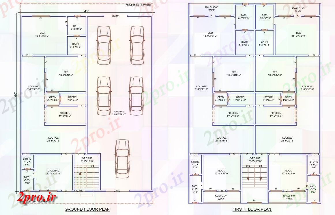 دانلود نقشه مسکونی  ، ویلایی ، آپارتمان  X 60 'آپارتمان بزرگ طرحی با پارکینگ خودرو به  (کد158078)