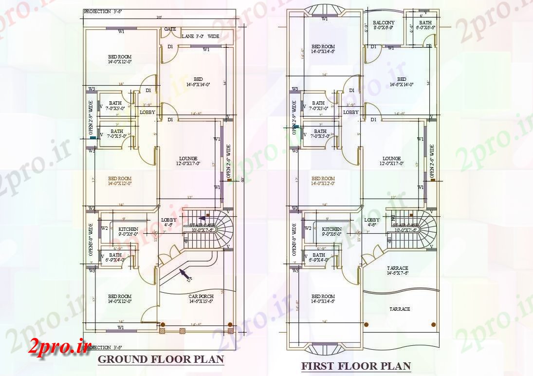 دانلود نقشه مسکونی  ، ویلایی ، آپارتمان  X 60      4 BHK خانه طرحی با ماشین ایوان  (کد158094)