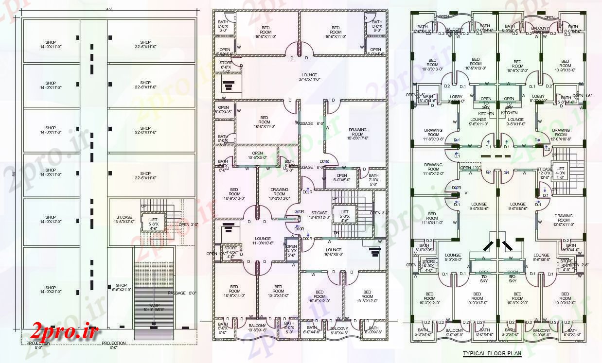 دانلود نقشه مسکونی  ، ویلایی ، آپارتمان  X 80 فوت 2 BHK و 3 BHK آپارتمان   طرحی  (کد158096)