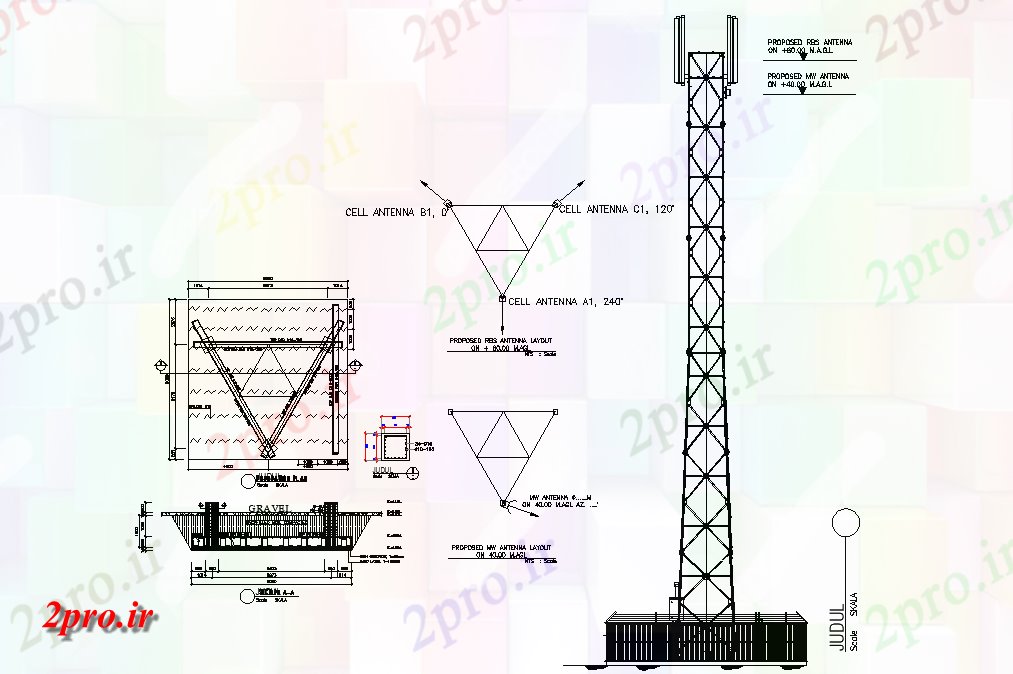 دانلود نقشه طراحی جزئیات ساختار پایه و اساس برج شبکه تلفن همراه و جزئیات نما (کد158105)
