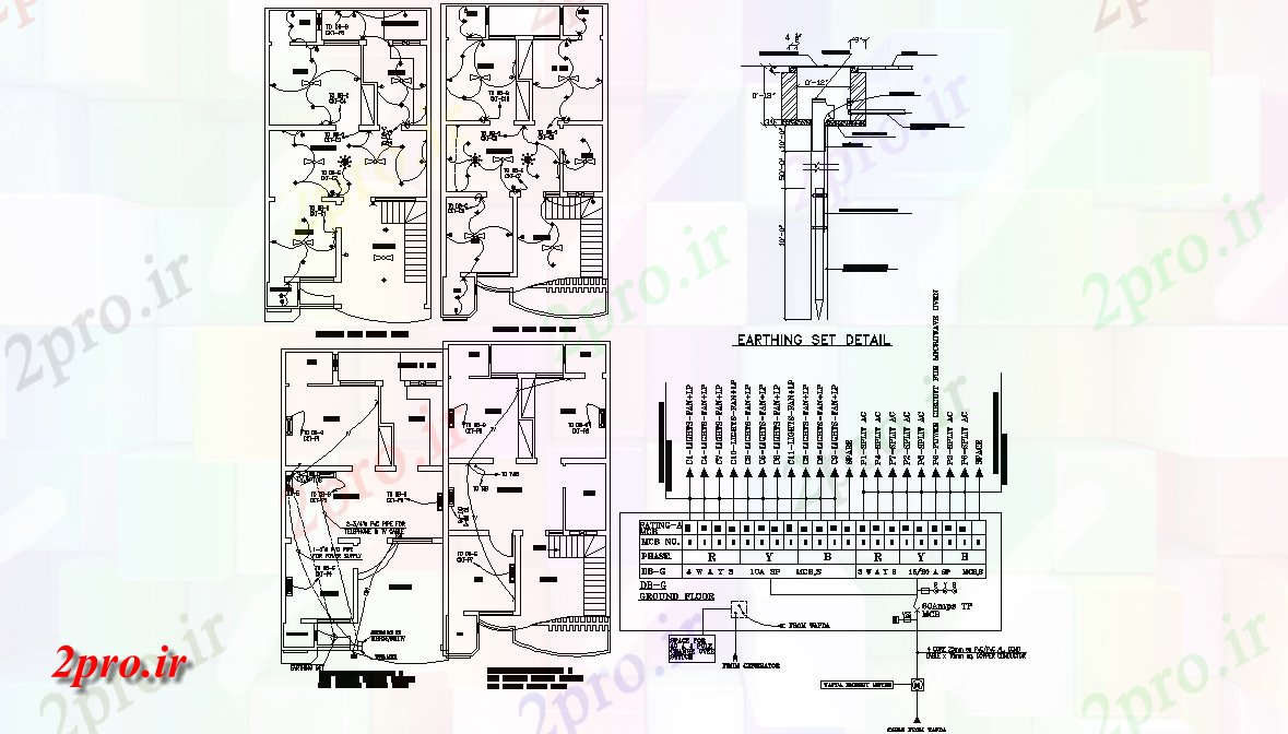 دانلود نقشه برق کشی ، اتصالات اتصال به برق و اتصالات نور نشیمن با G + 1 خانه،  (کد158184)