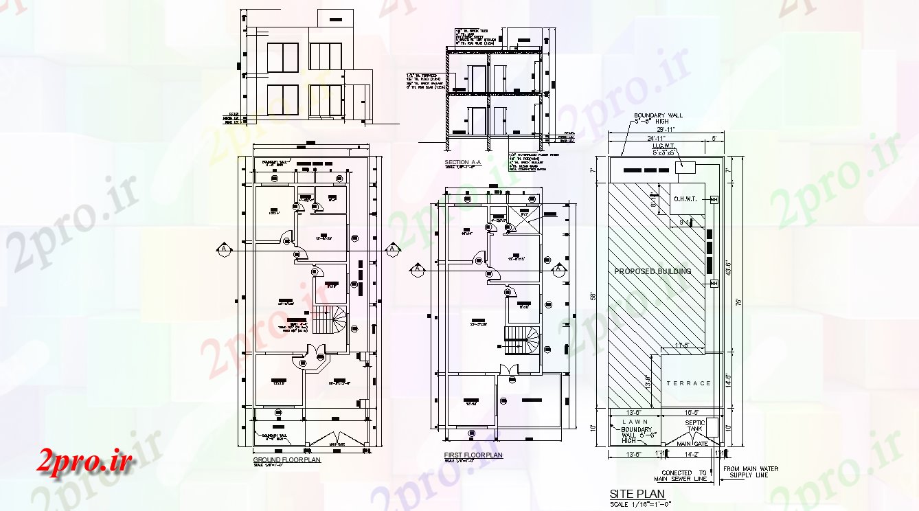 دانلود نقشه مسکونی ، ویلایی ، آپارتمان طراحی از G + 1 طرحی خانه طراحی با بخش، نما و سایت پلان محل 8 در 17 متر (کد158202)