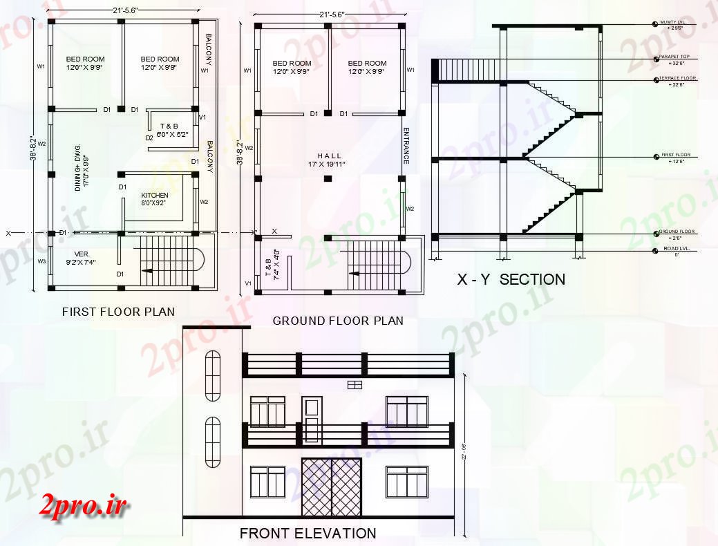 دانلود نقشه مسکونی ، ویلایی ، آپارتمان X 38 دو طبقه خانه طرحی 7 در 11 متر (کد158222)